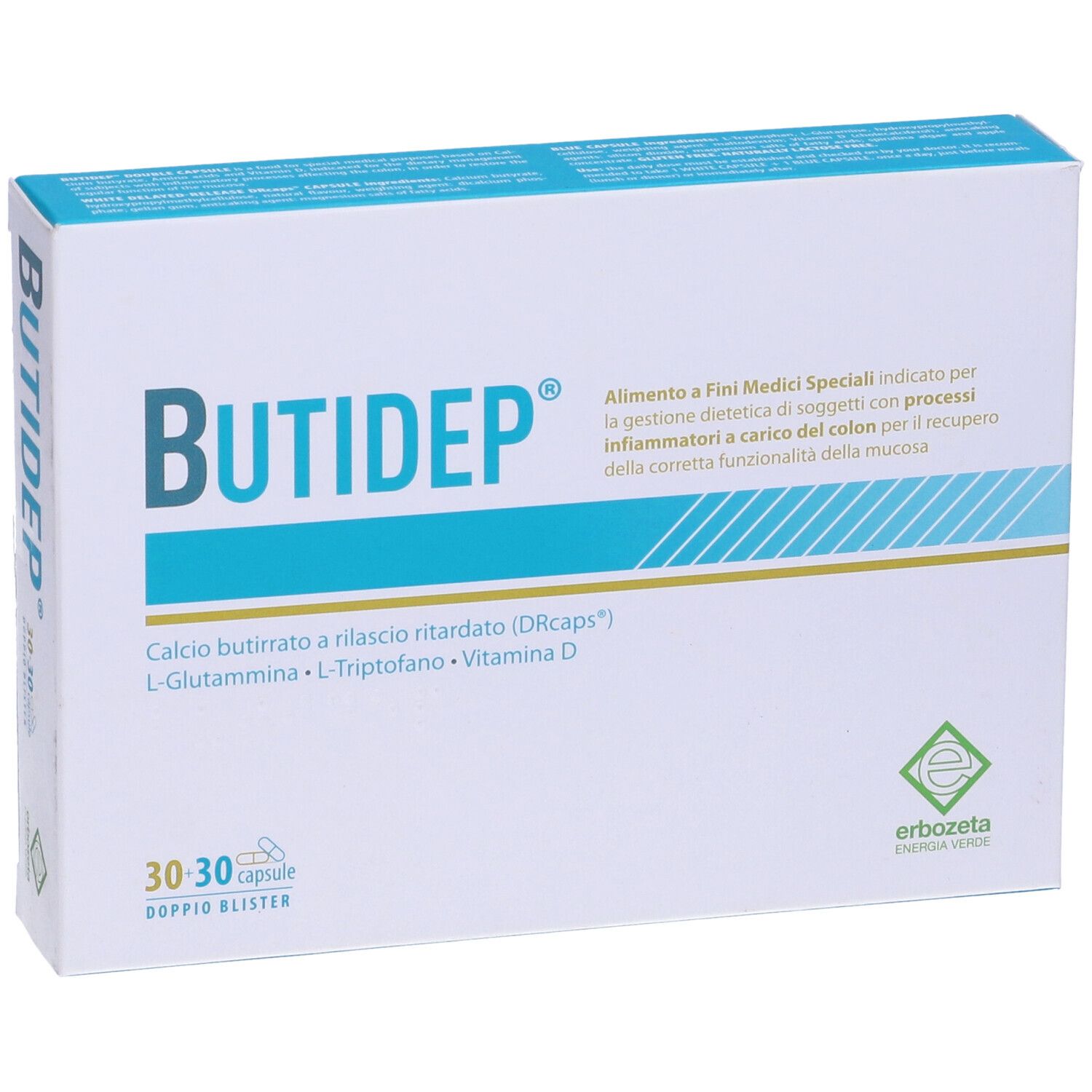 Confezione Butidep Doppia Capsula. Scritta: 30+30 capsule, ingredienti e logo.
