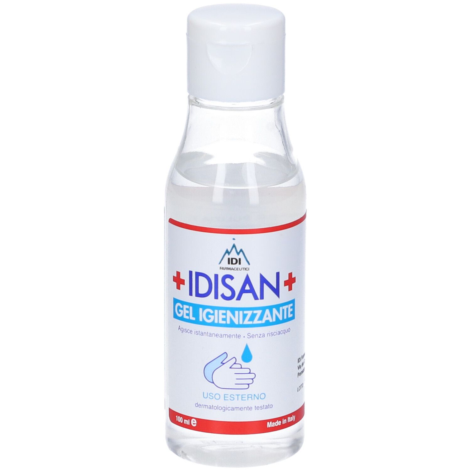 Flacone trasparente con tappo bianco. Etichetta IDISAN+ Gel Igienizzante. 100 ml.