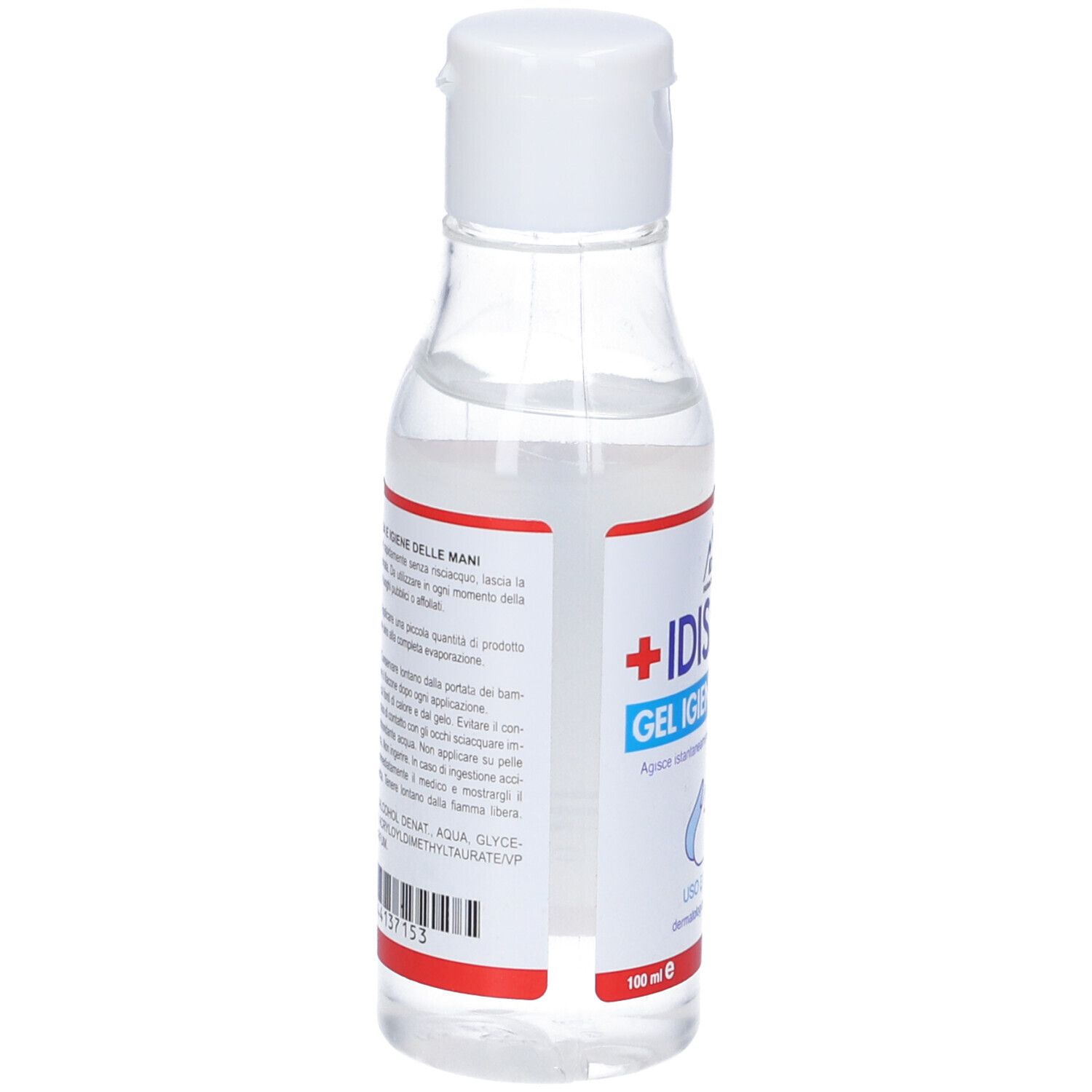 Retro del flacone trasparente. Testo con ingredienti e istruzioni per l'uso. 100 ml.