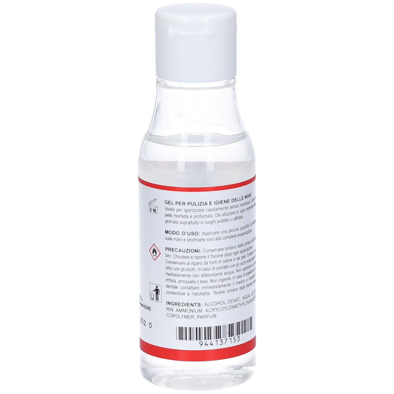 Retro del flacone trasparente. Testo con ingredienti e istruzioni per l'uso. 100 ml.