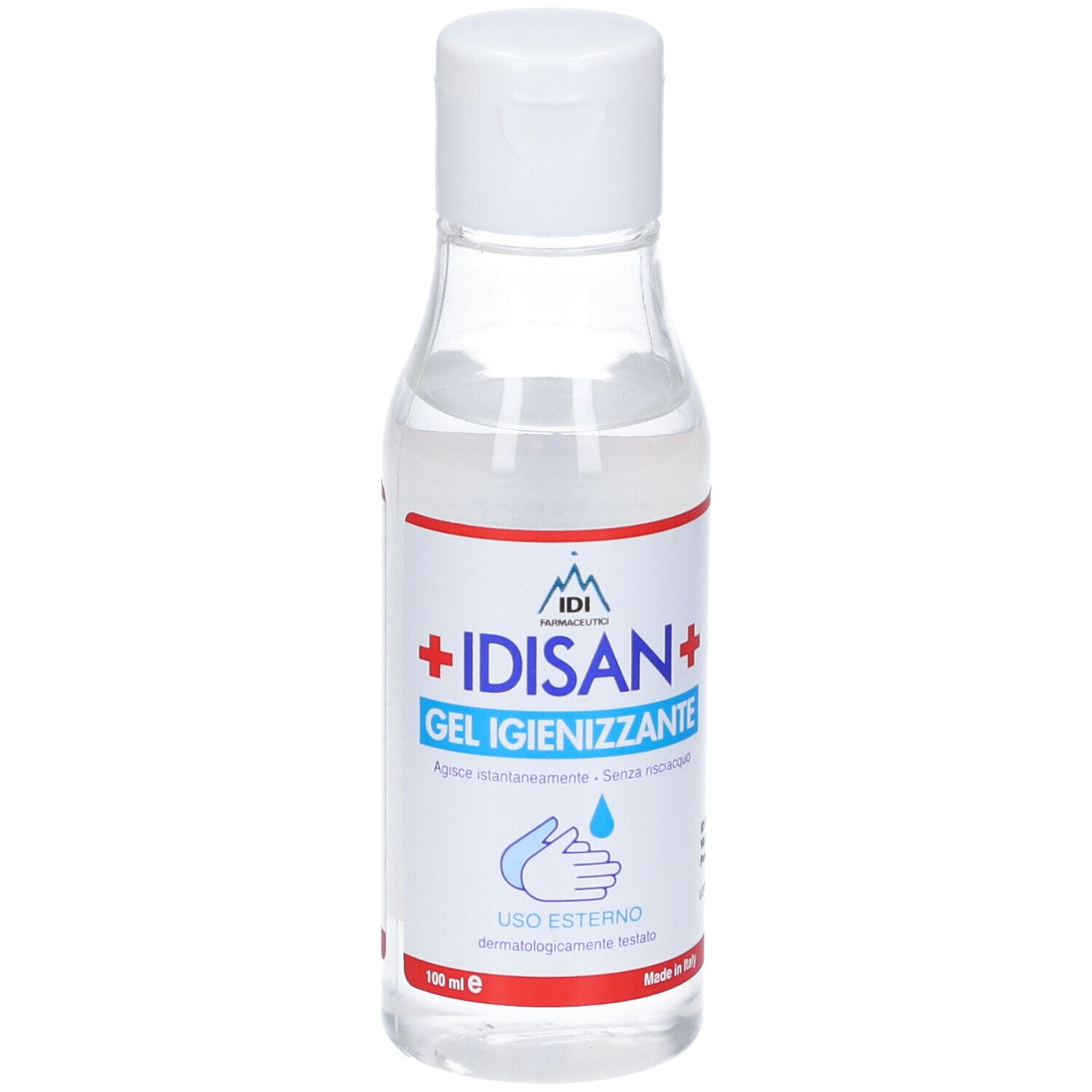 Flacone trasparente con tappo bianco. Etichetta IDISAN+ Gel Igienizzante. 100 ml.