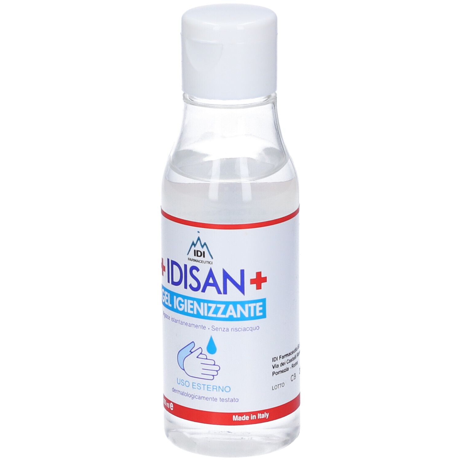 Flacone trasparente con tappo bianco. Etichetta IDISAN+ Gel Igienizzante. 100 ml.