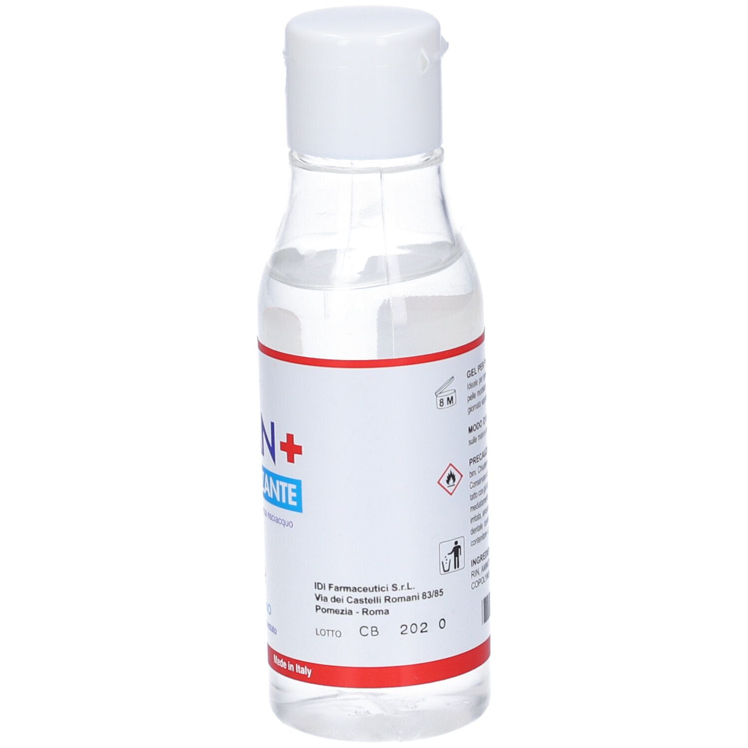 Flacone trasparente con tappo bianco. Etichetta IDISAN+ Gel Igienizzante. 100 ml.