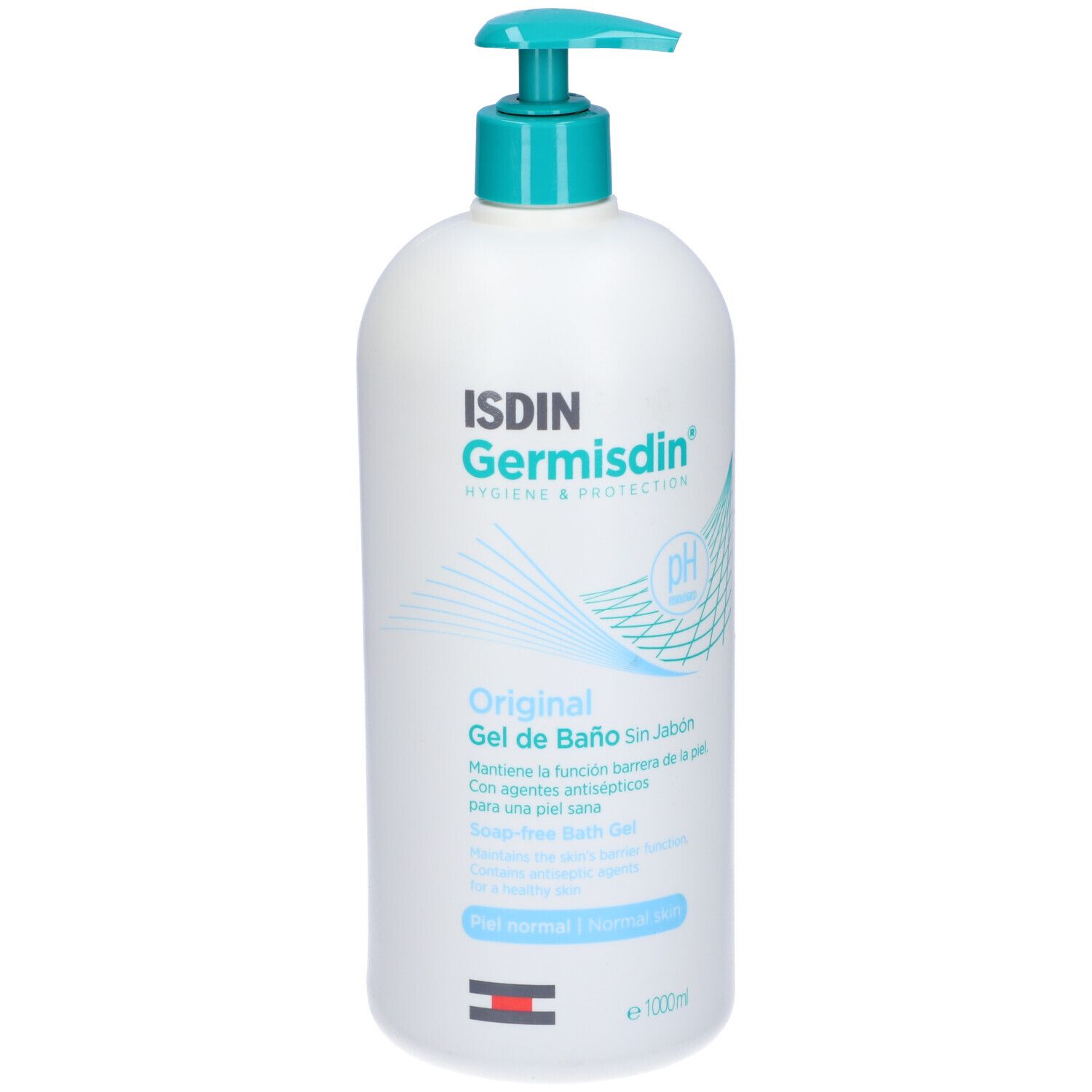 Dispenser bianco con erogatore blu. Scritta: ISDIN Germisdin Original Gel de Baño. Simbolo pH.