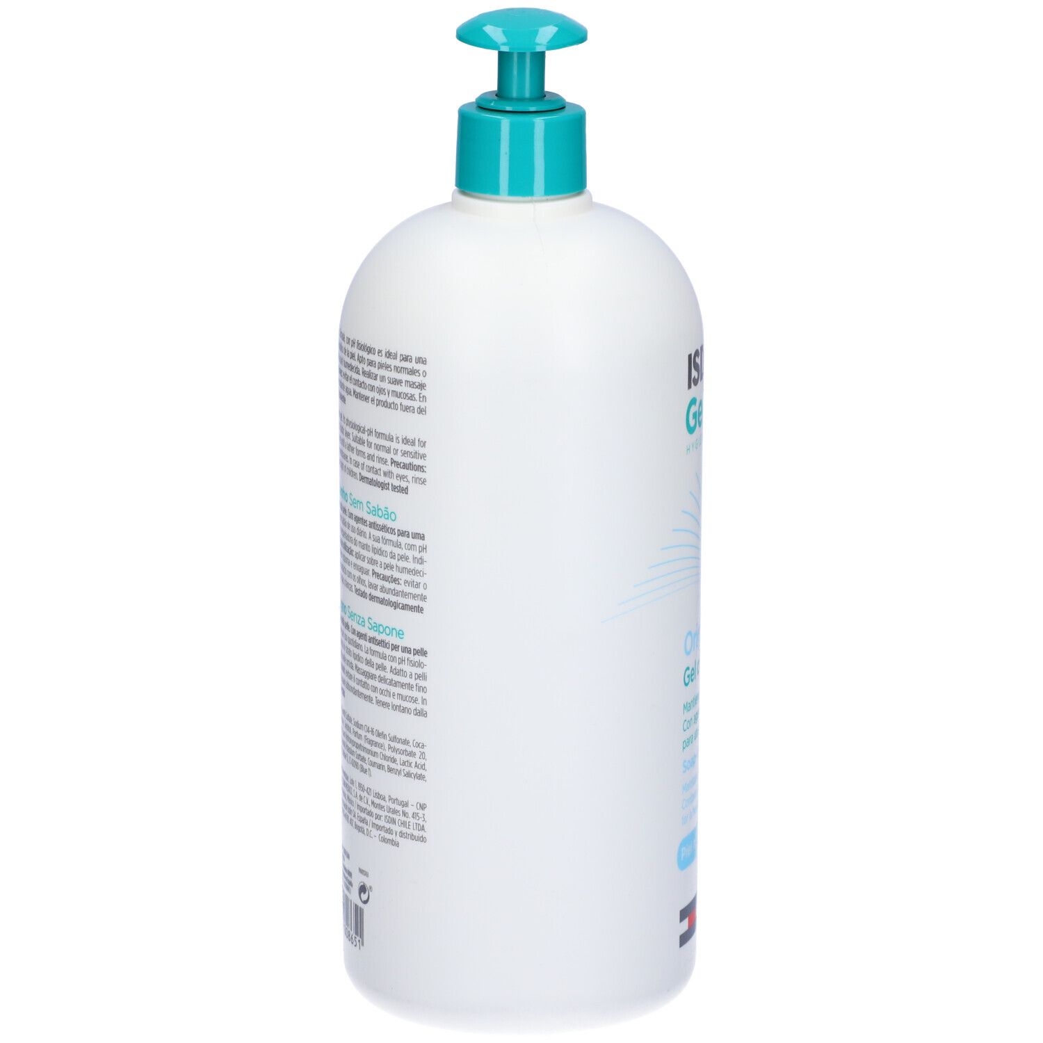 Dispenser bianco con erogatore blu. Retro con testo. ISDIN Germisdin.