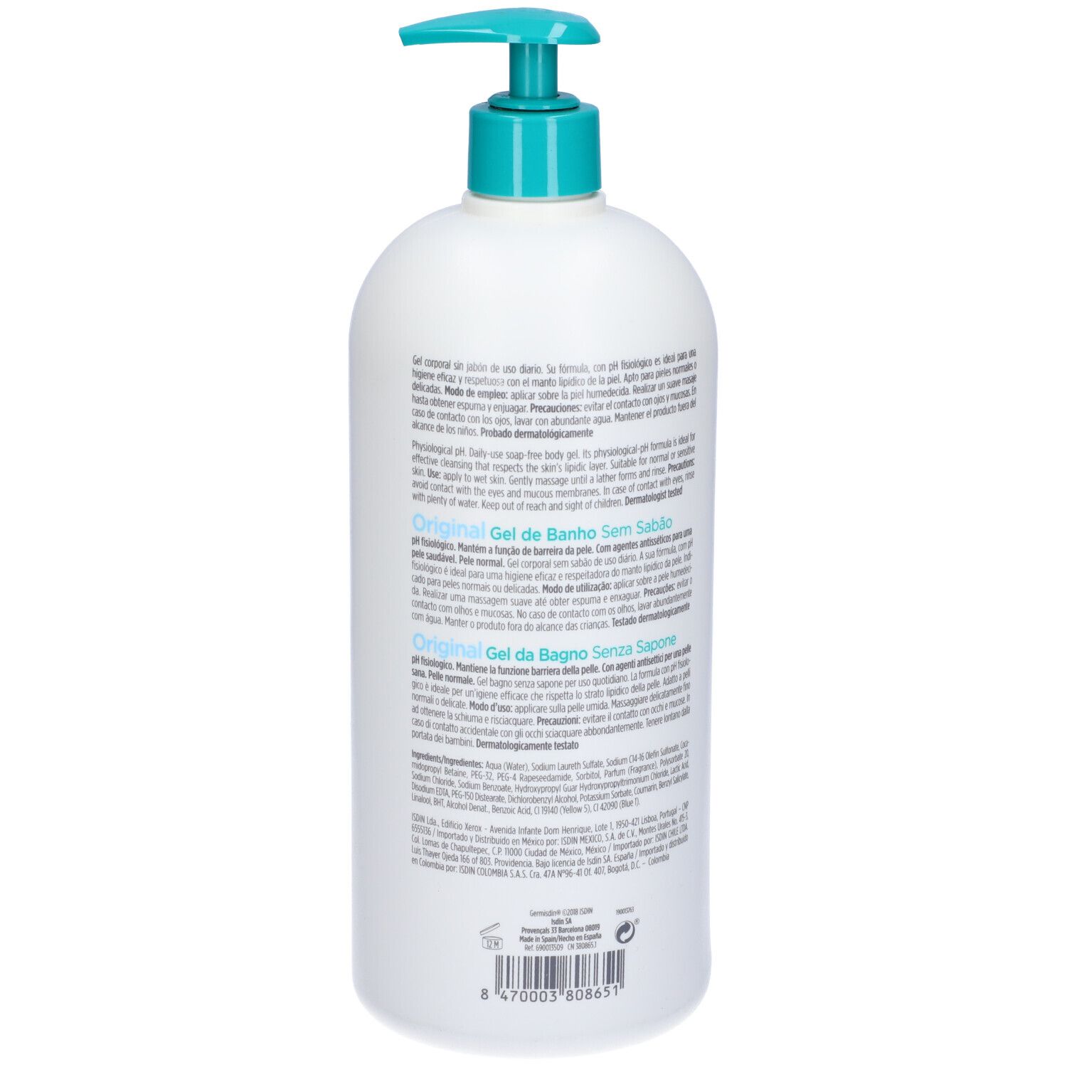 Dispenser bianco con erogatore blu. Retro con testo. ISDIN Germisdin.