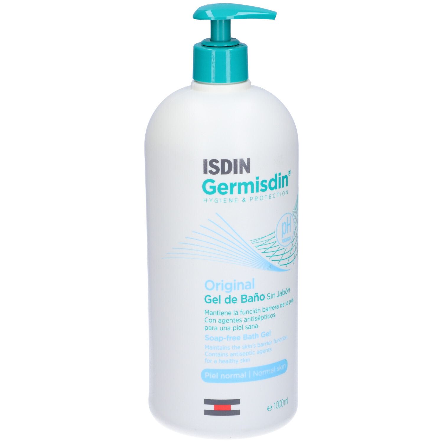 Dispenser bianco con erogatore blu. Scritta: ISDIN Germisdin Original Gel de Baño. Simbolo pH.