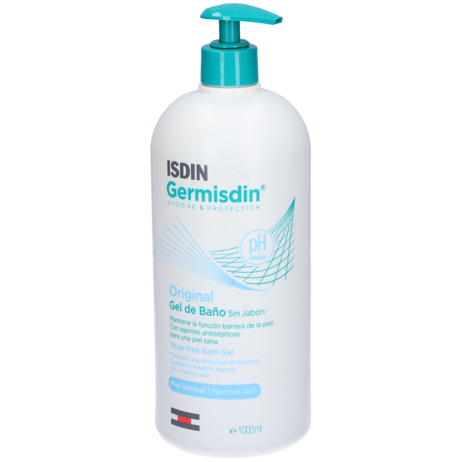 Dispenser bianco con erogatore blu. Scritta: ISDIN Germisdin Original Gel de Baño. Simbolo pH.