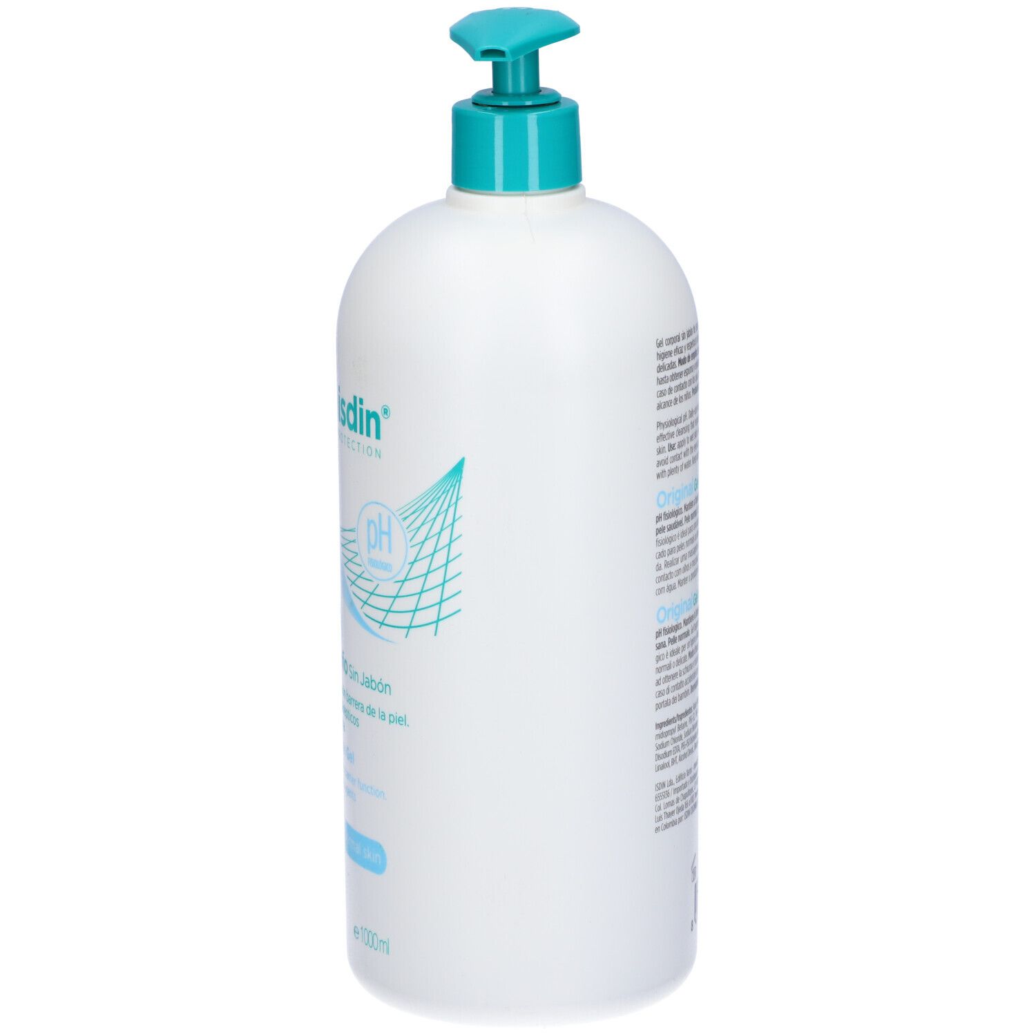 Dispenser bianco con erogatore blu. Retro con testo. ISDIN Germisdin.