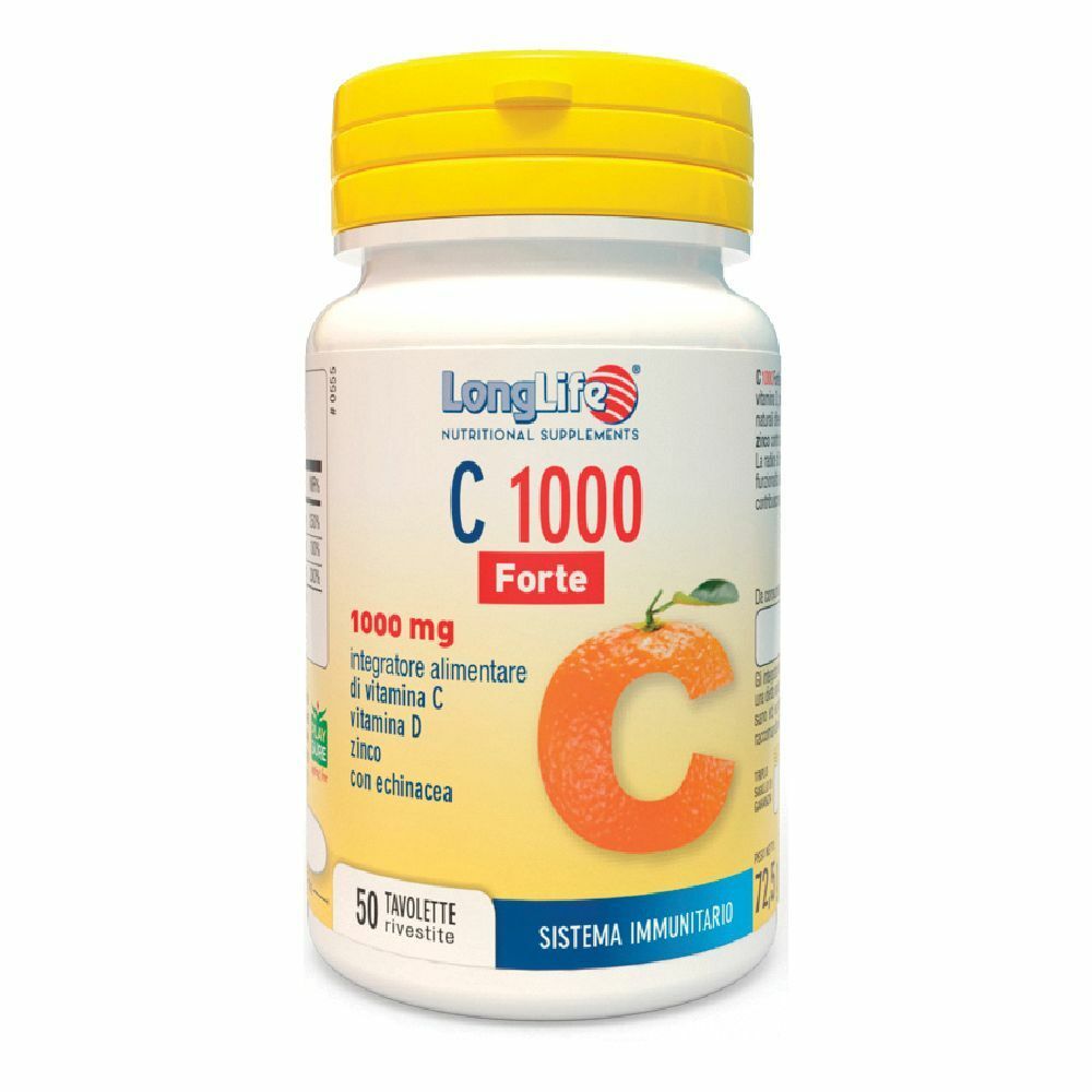 Flacone bianco con tappo giallo. Scritta: LongLife C 1000 Forte. Contiene 50 compresse. Con vitamina C, D, zinco ed echinacea.