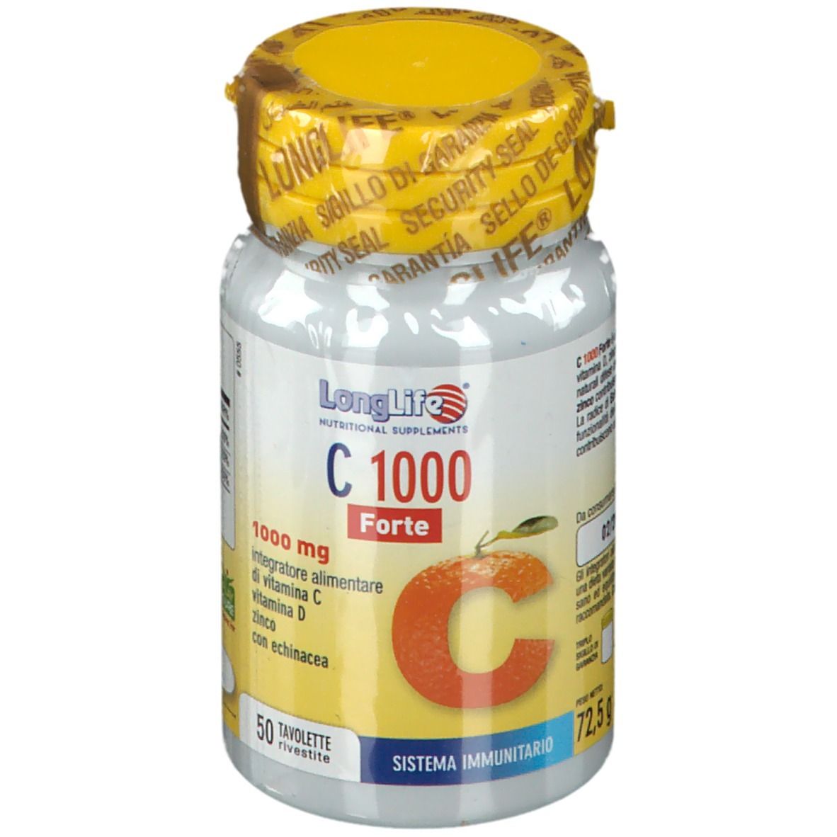 Flacone bianco con tappo giallo e sigillo. Scritta: LongLife C 1000 Forte. Contiene 50 compresse. Con vitamina C, D, zinco ed echinacea.