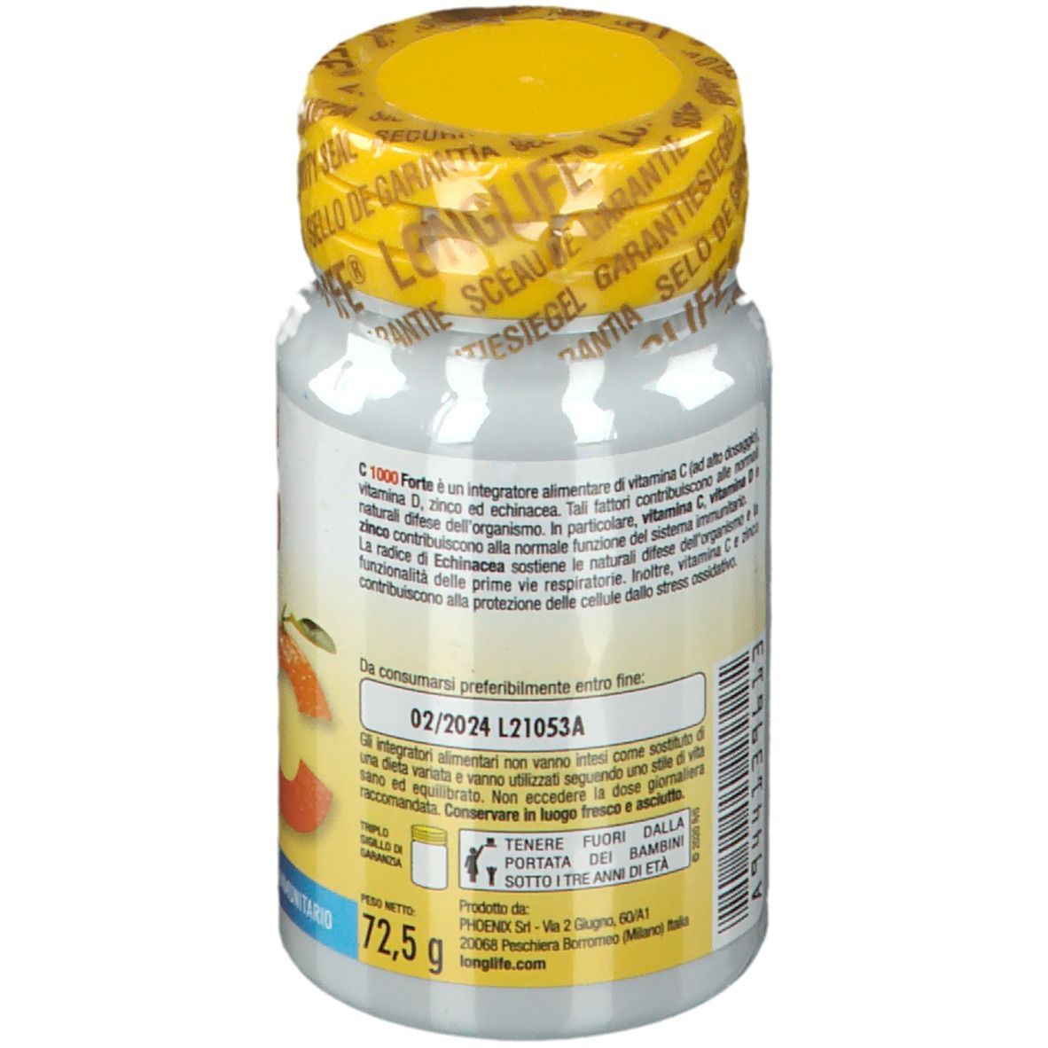 Retro del flacone con tappo giallo. Informazioni testuali, tra cui data di scadenza e ingredienti. Peso: 72,5 g.