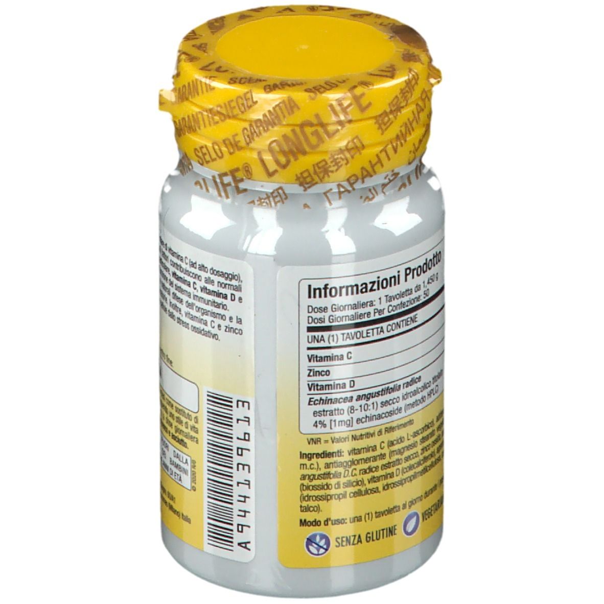Retro del flacone con tappo giallo. Informazioni testuali, tra cui ingredienti e valori nutrizionali. Senza glutine.
