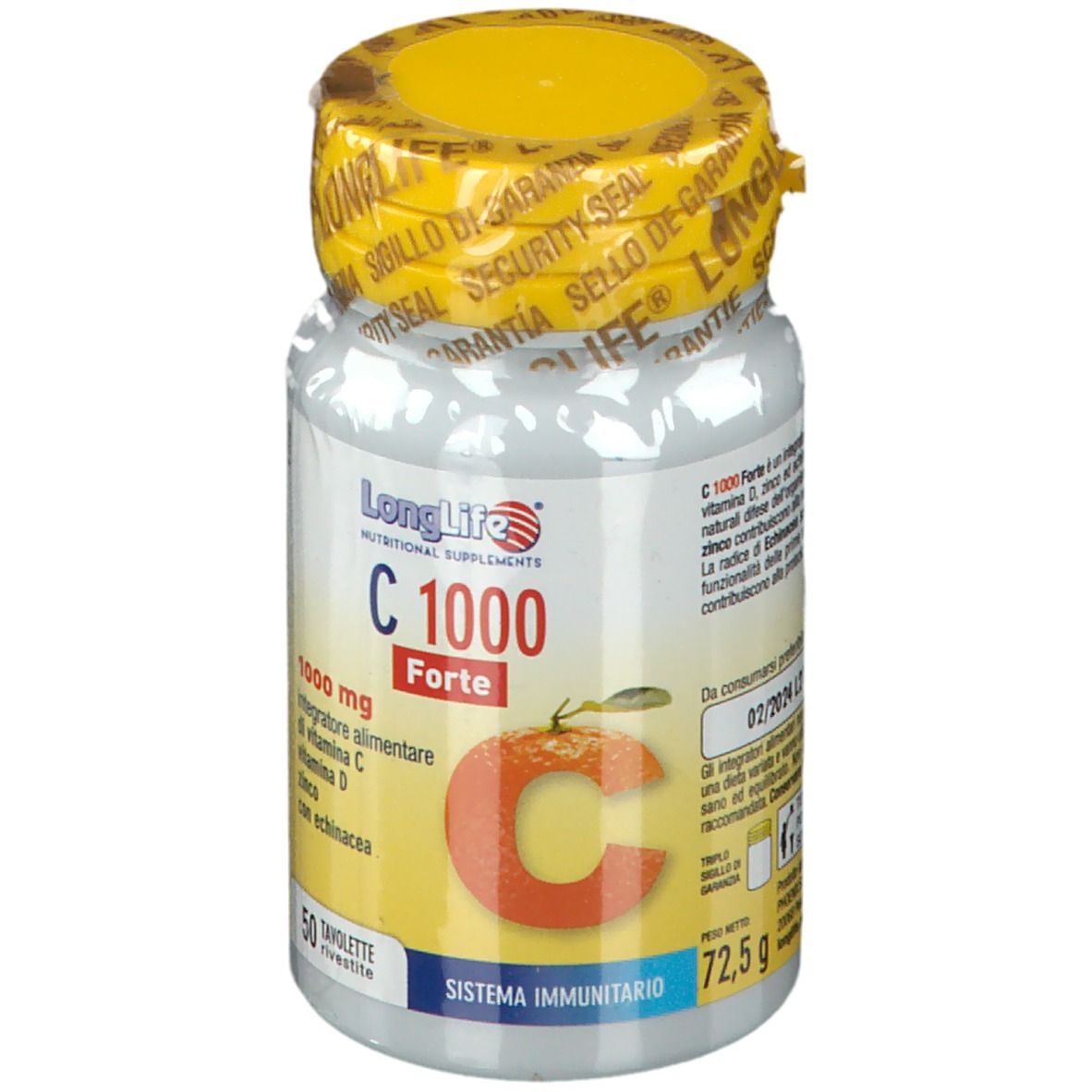 Flacone con tappo giallo e sigillo. Scritta: LongLife C 1000 Forte. Contiene 50 compresse. Con vitamina C, D, zinco ed echinacea.
