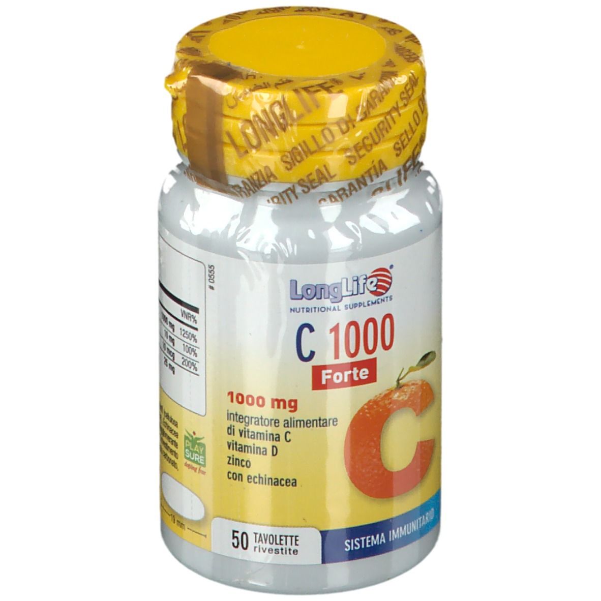 Flacone con tappo giallo. Scritta: LongLife C 1000 Forte. Contiene 50 compresse. Con vitamina C, D, zinco ed echinacea.