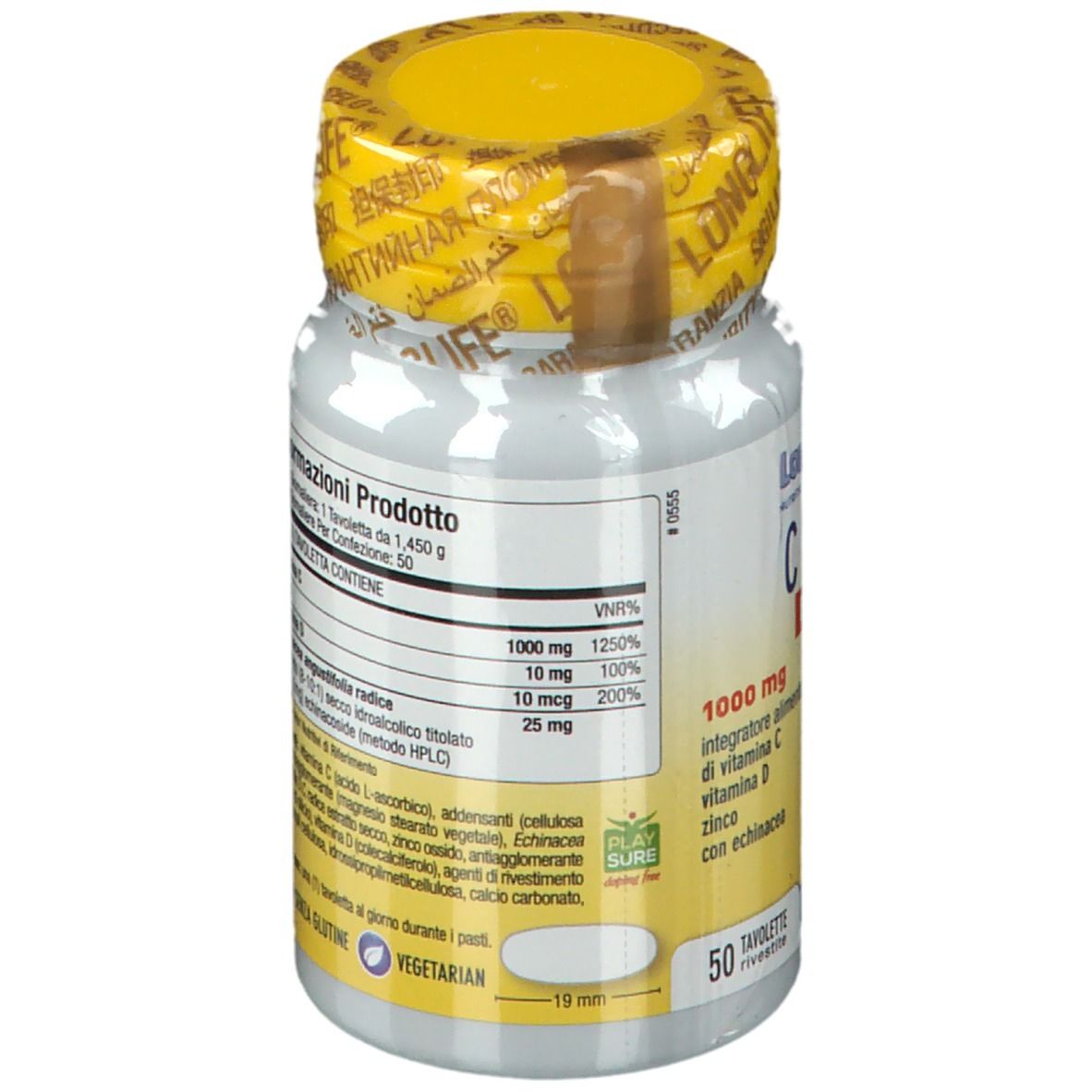 Retro del flacone con tappo giallo. Informazioni testuali, tra cui valori nutrizionali e ingredienti. Vegetariano.