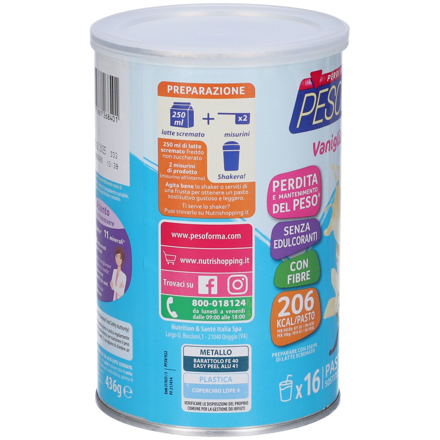 Retro del barattolo PESOFORMA Vaniglia Smoothie. Istruzioni per la preparazione, informazioni nutrizionali, contatti e ingredienti.