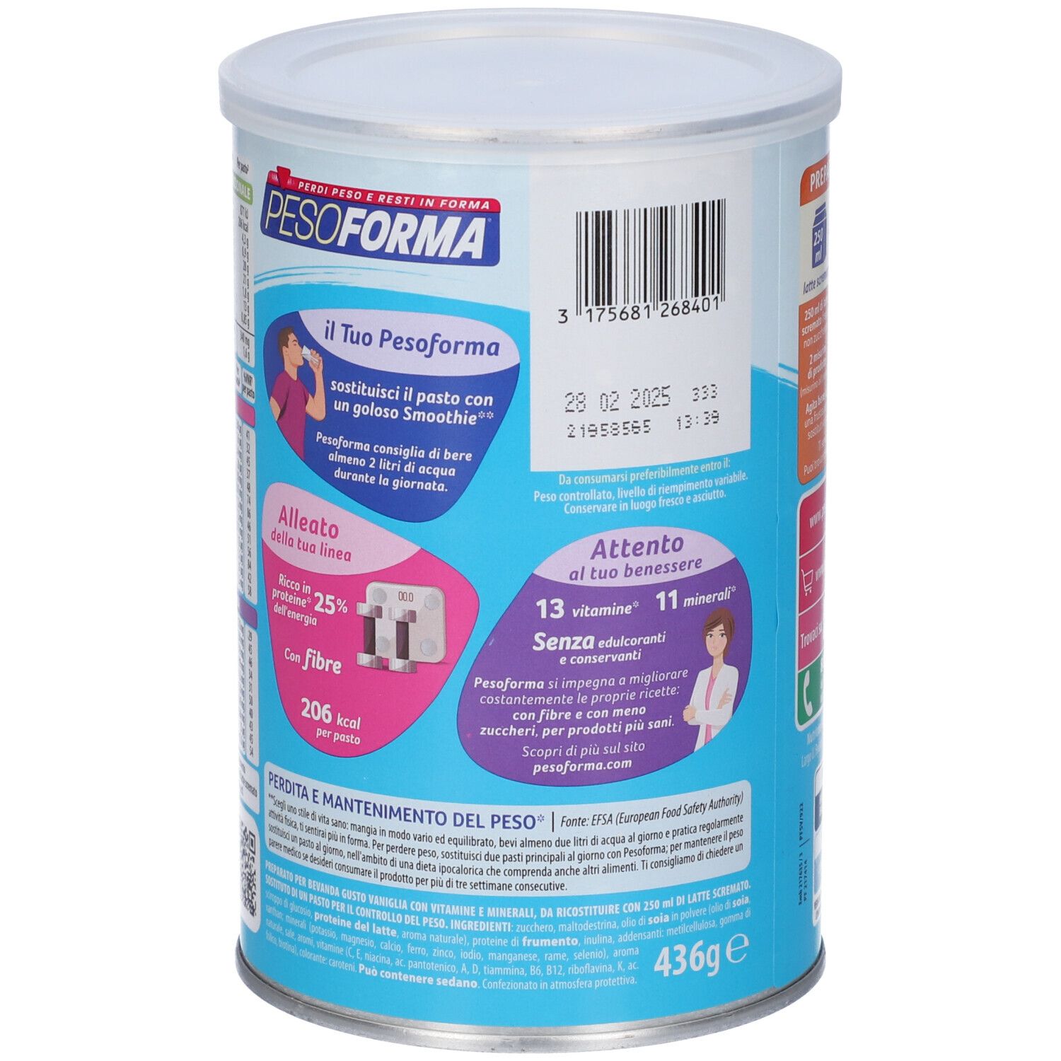 Retro del barattolo PESOFORMA Vaniglia Smoothie. Informazioni su ingredienti, valori nutrizionali e scadenza. Con codice QR.