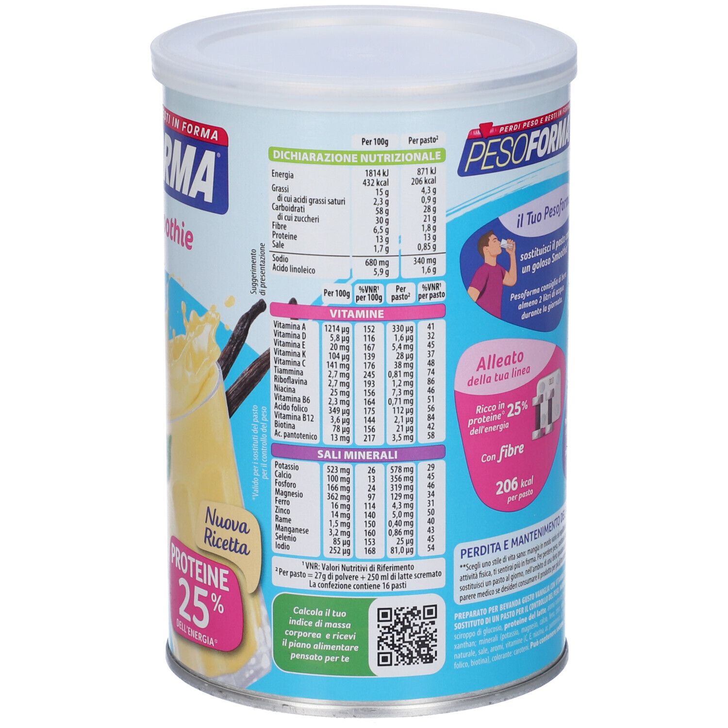 Retro del barattolo PESOFORMA Vaniglia Smoothie. Valori nutrizionali, vitamine, minerali. Informazioni sulla preparazione.