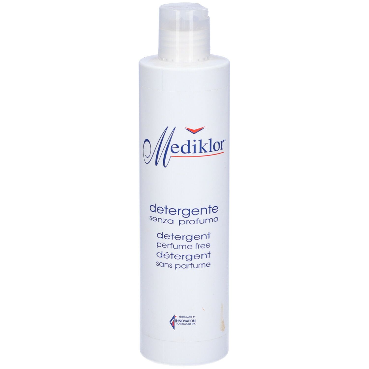 Flacone bianco con logo Mediklor e testo. Contiene 'detergente senza profumo' e 'perfume free'.