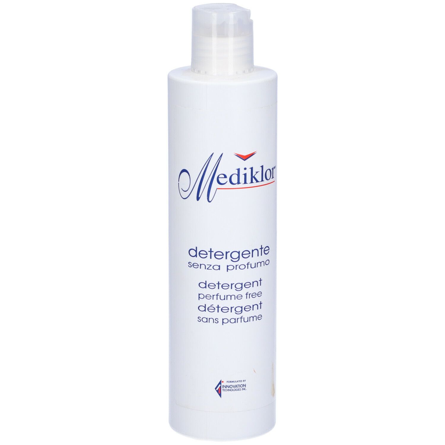Flacone bianco con logo Mediklor e testo. Contiene 'detergente senza profumo' e 'perfume free'.