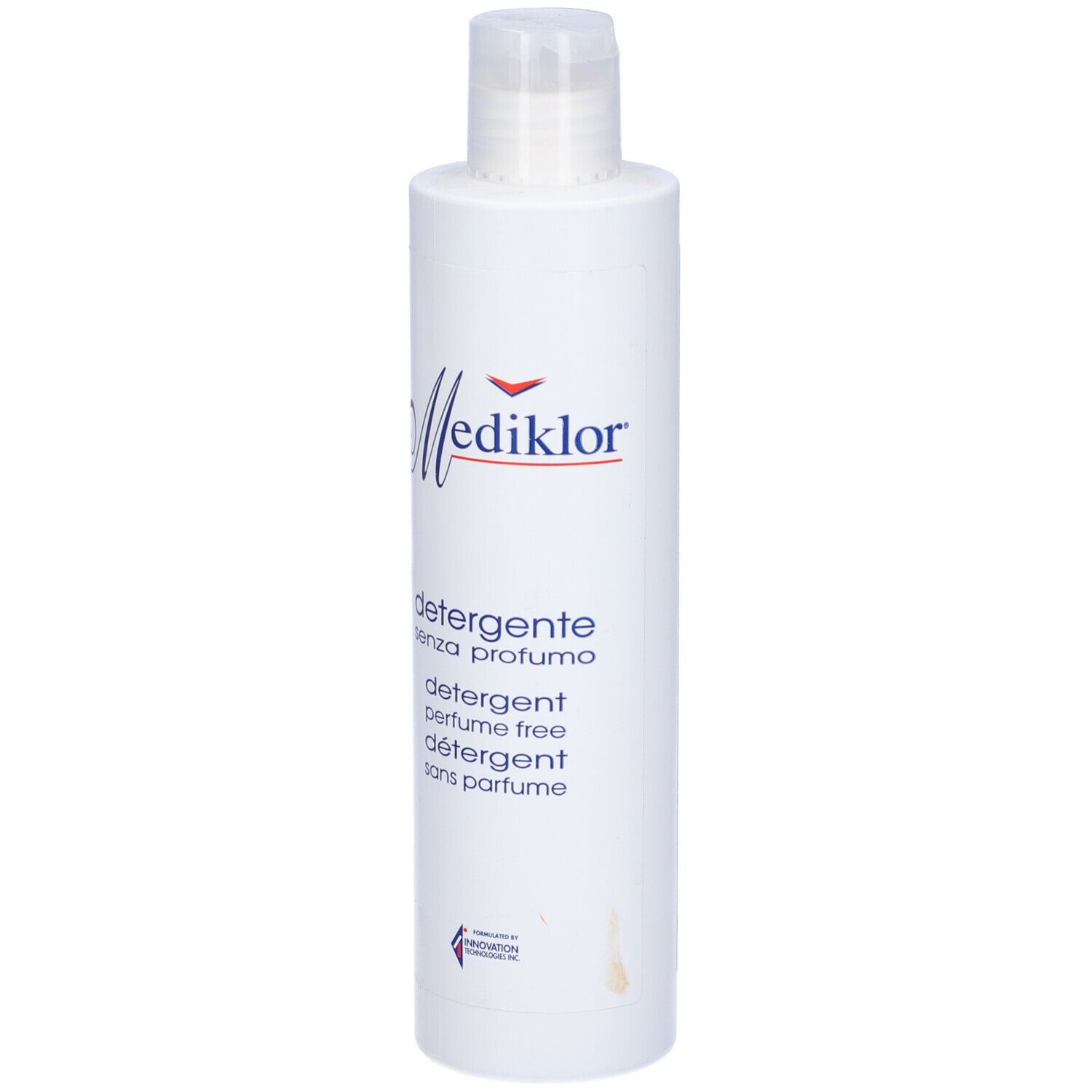 Flacone bianco con logo Mediklor e testo. Contiene 'detergente senza profumo' e 'perfume free'.