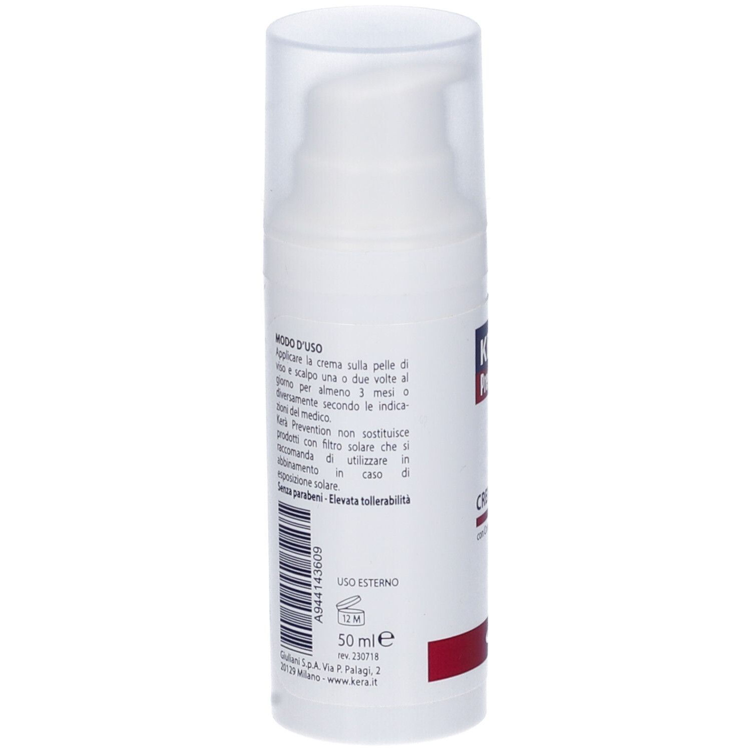 Flacone bianco con dosatore. Testo in italiano. Volume: 50 ml. Codice a barre. Logo Giuliani. Uso esterno.