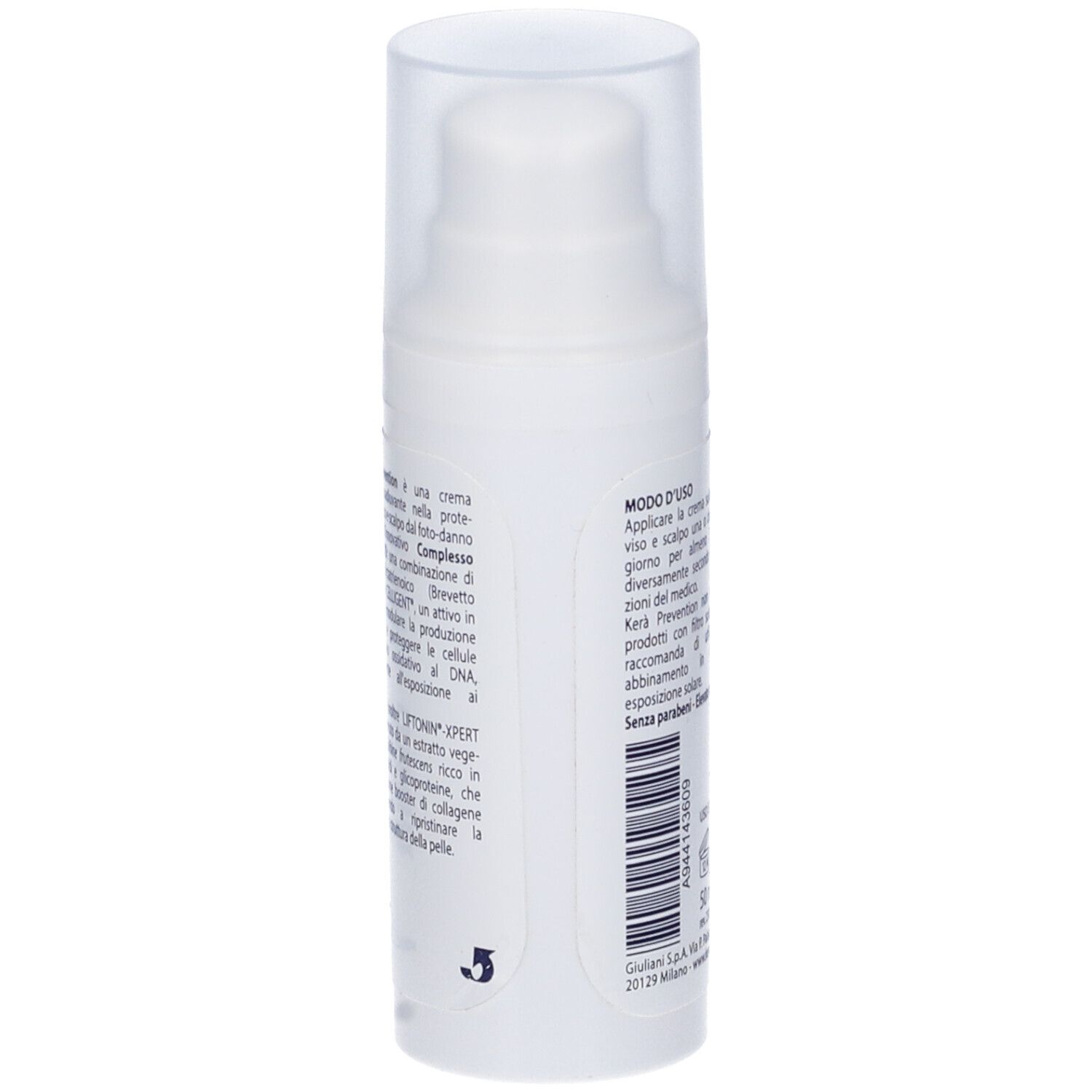 Flacone bianco con dosatore. Testo in italiano. Codice a barre. Logo Giuliani. Volume: 50 ml.
