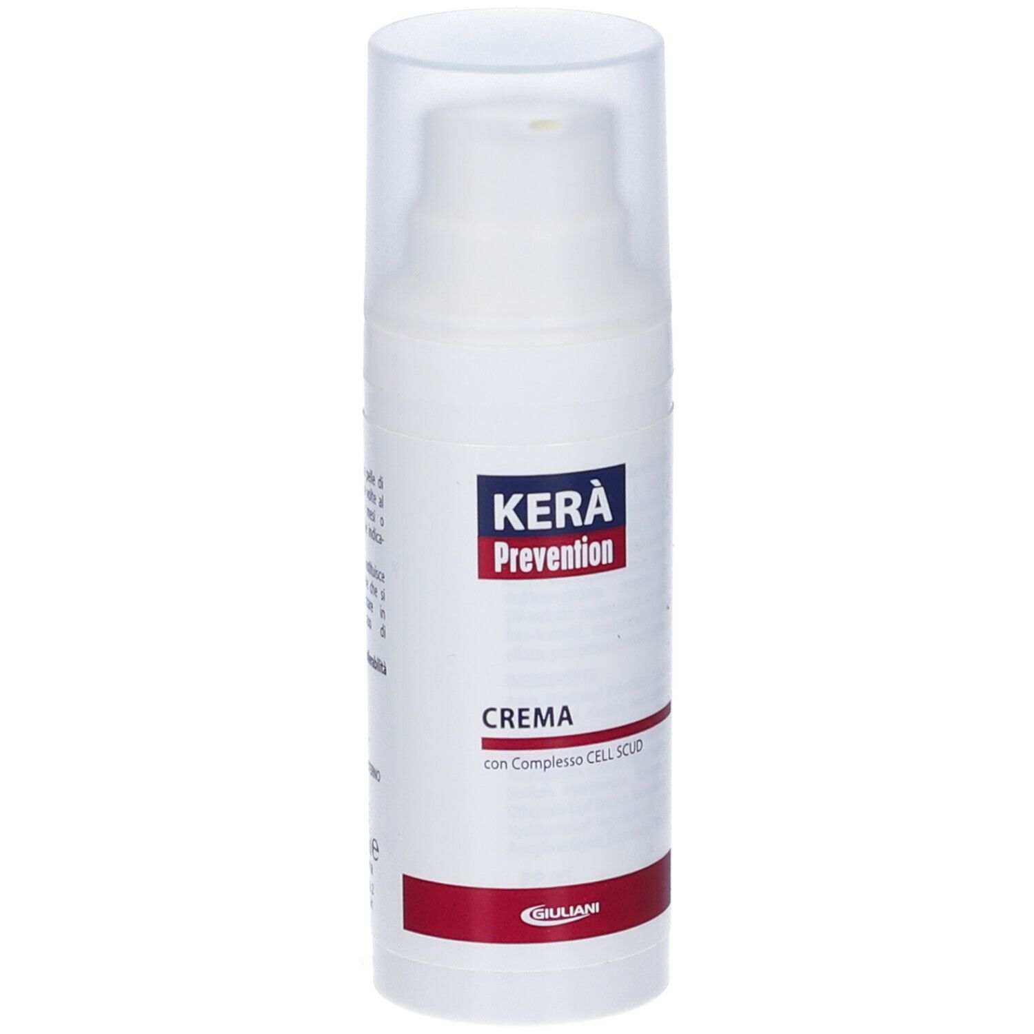 Flacone bianco con dosatore. Scritta: Kerà Prevention, CREMA. Striscia rossa in basso. Logo Giuliani.