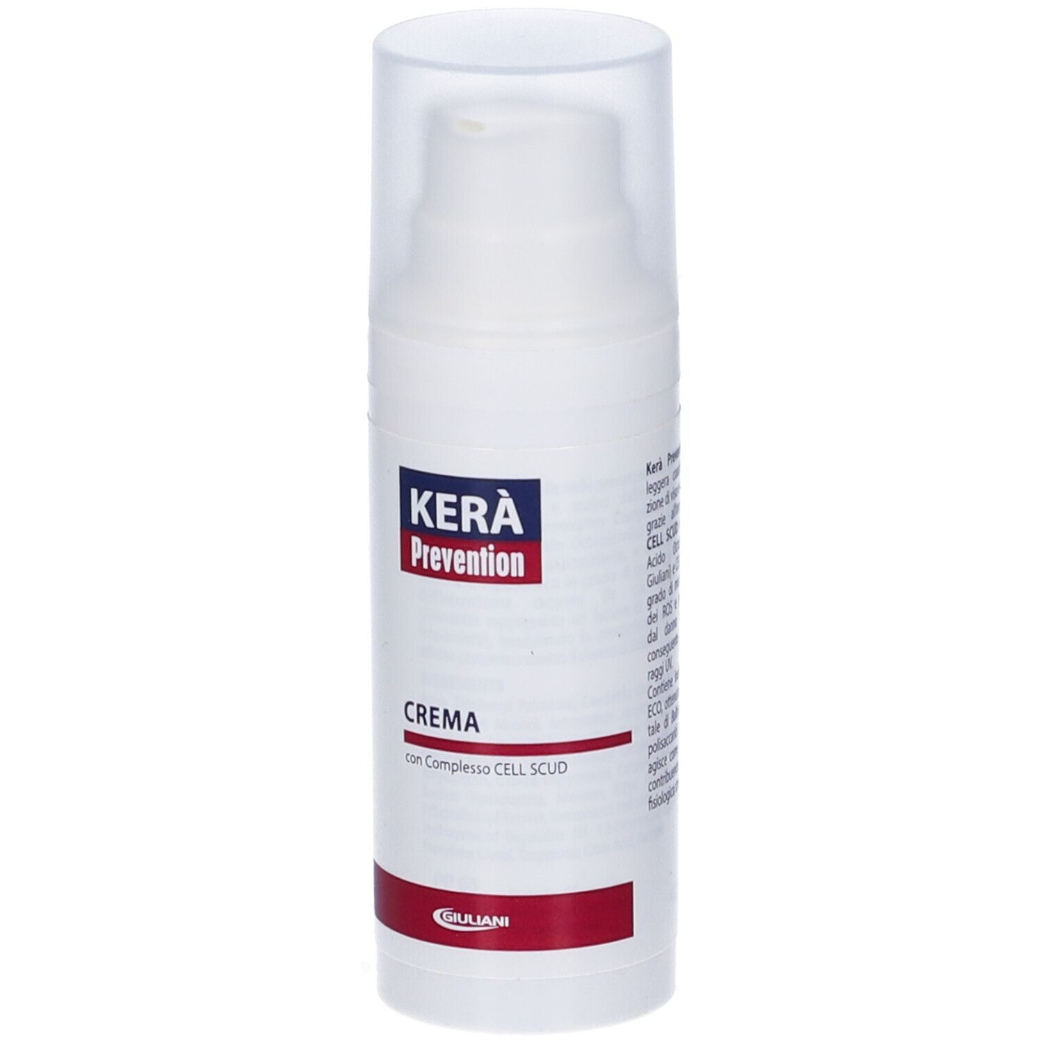 Flacone bianco con dosatore. Scritta: Kerà Prevention, CREMA. Striscia rossa in basso. Logo Giuliani.