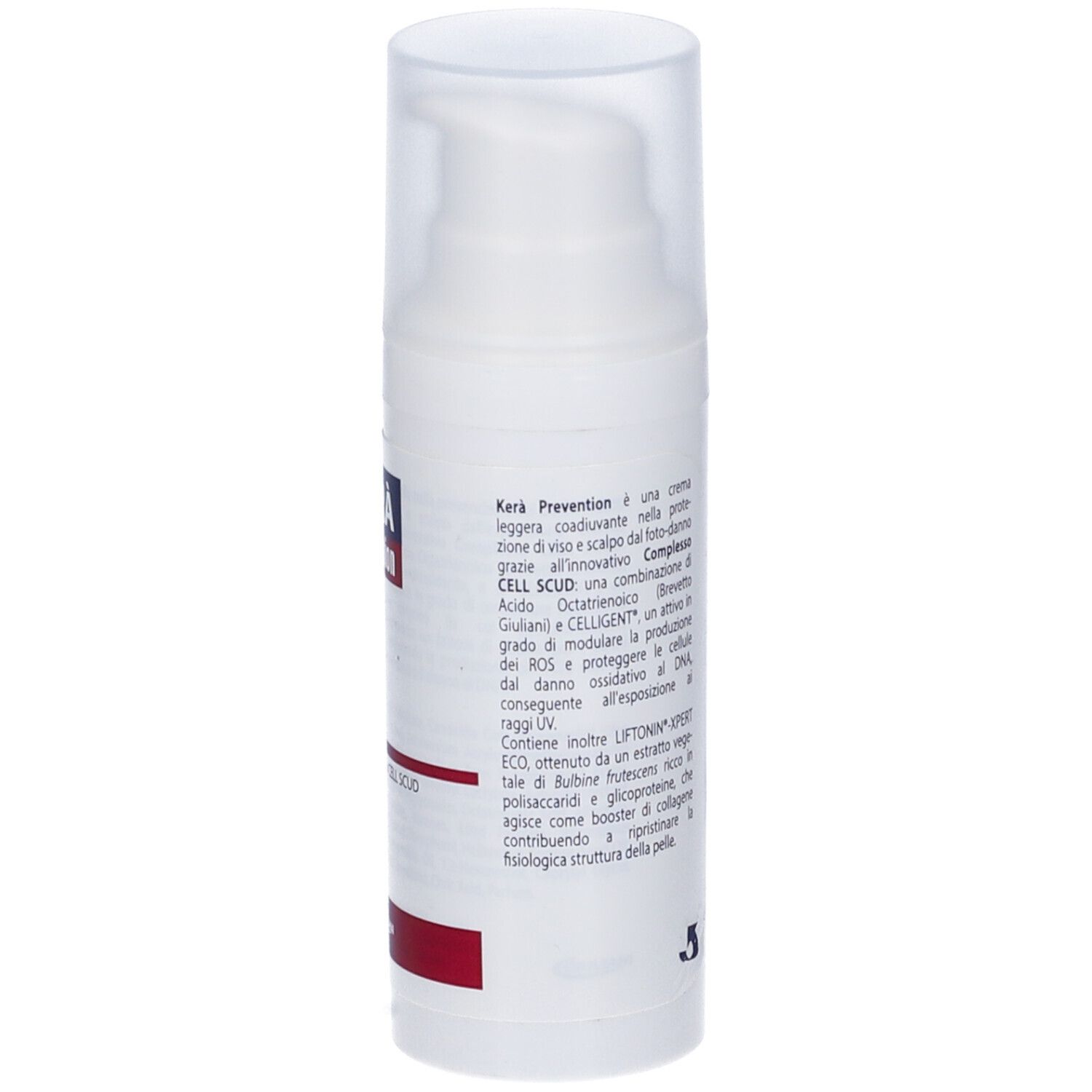 Flacone bianco con dosatore. Testo in italiano. Striscia rossa in basso. Logo Giuliani. Volume: 50 ml.