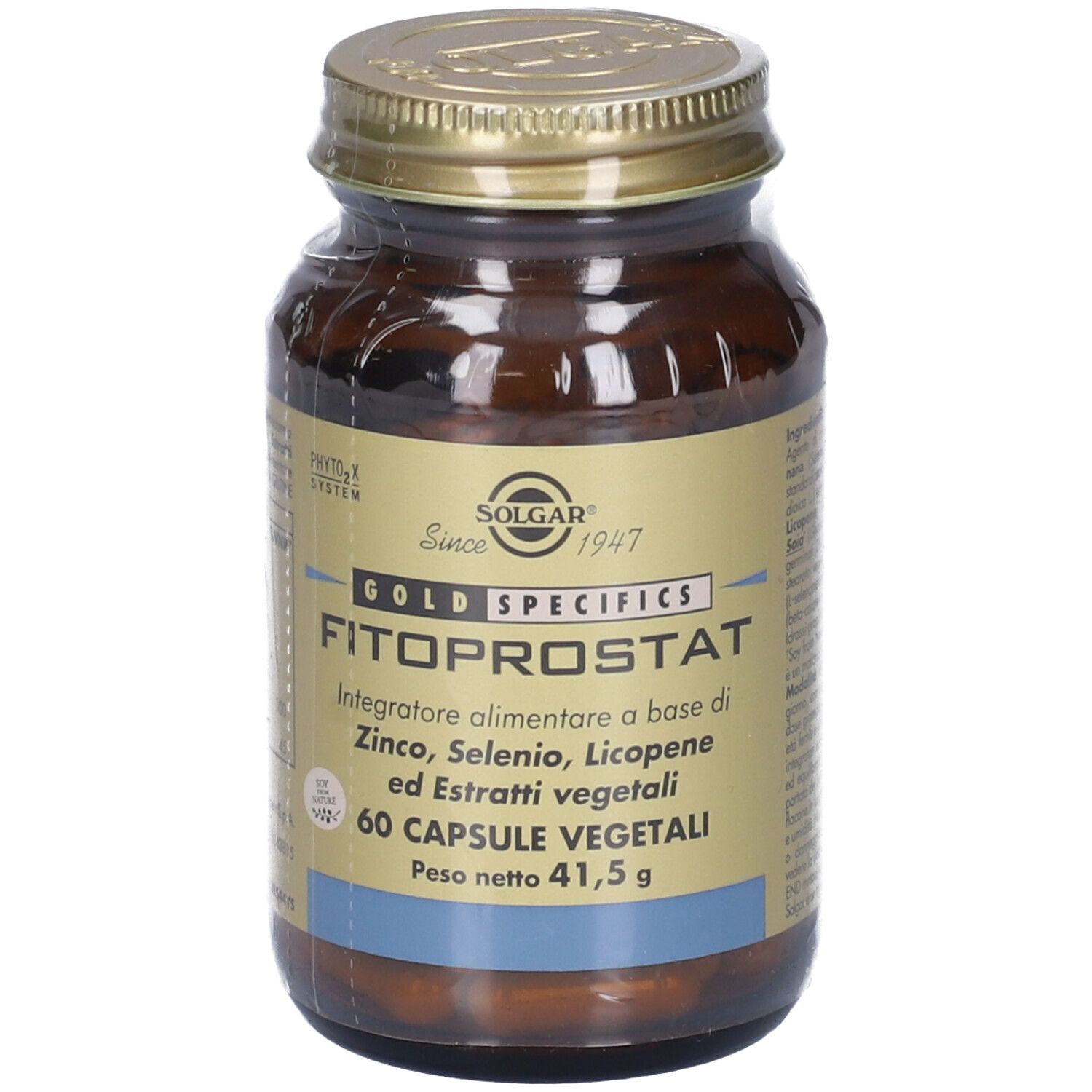 Flacone di vetro marrone con tappo dorato. Etichetta con nome del prodotto e ingredienti. 60 capsule. Peso netto 41,5 g.