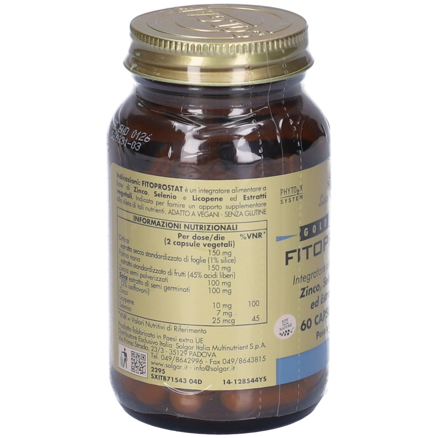 Retro del flacone di vetro marrone. Etichetta con informazioni nutrizionali e ingredienti. Tappo dorato.