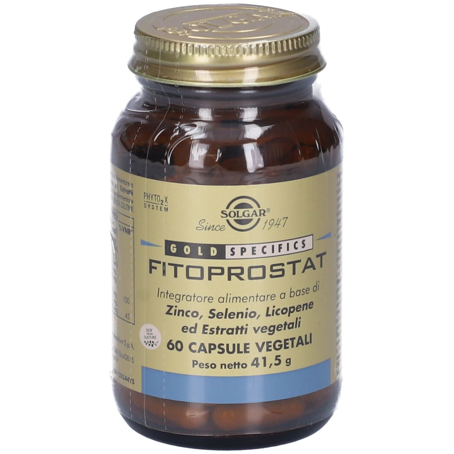 Flacone di vetro marrone con tappo dorato. Etichetta con nome del prodotto, ingredienti e 60 capsule. Marchio Solgar.
