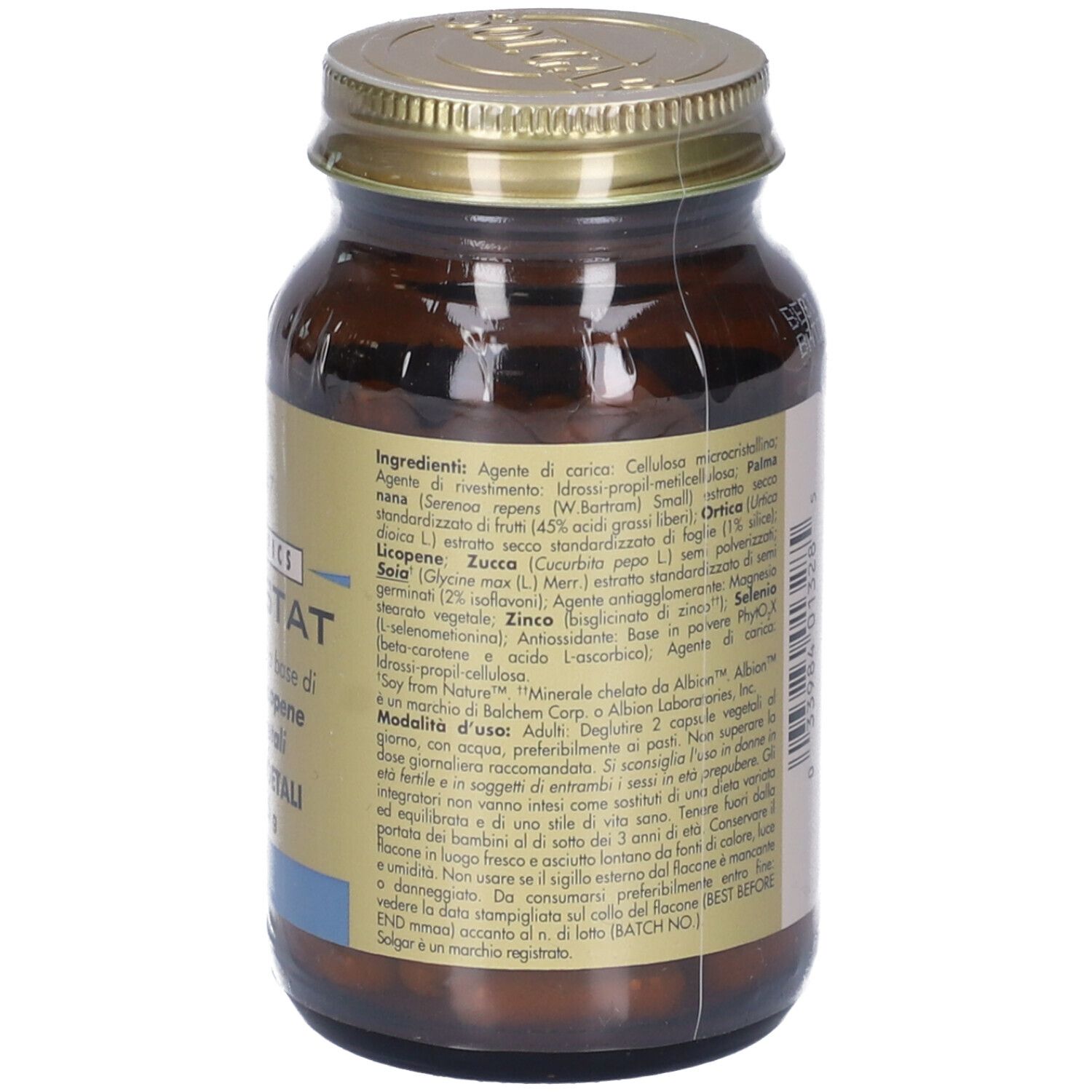 Retro del flacone di vetro marrone. Etichetta con ingredienti e istruzioni per l'uso. Tappo dorato.