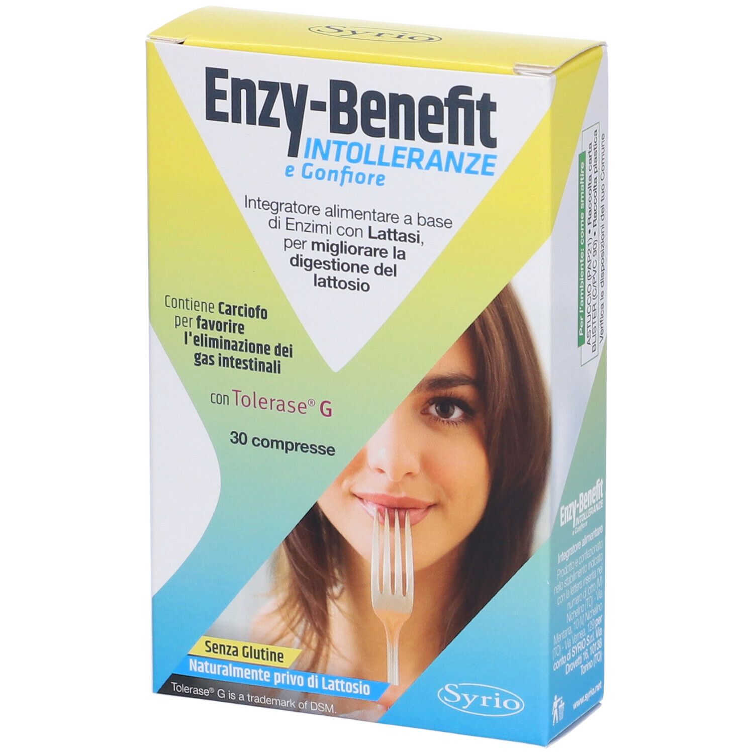Scatola di Syrio Enzy-benefit Intolleranze E Gonfiore. Contiene 30 compresse. Scritto: Senza glutine, naturalmente privo di lattosio.