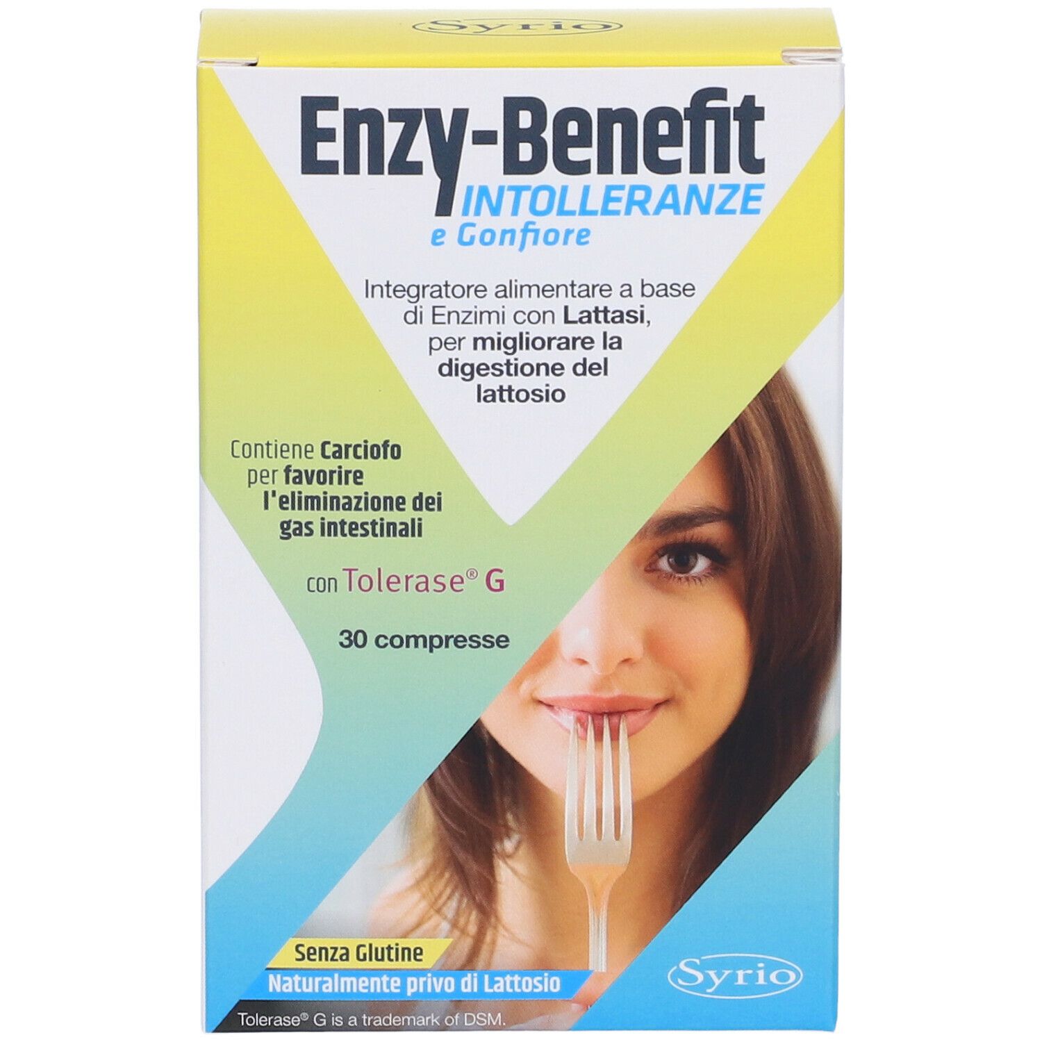 Scatola di Syrio Enzy-benefit Intolleranze E Gonfiore. Contiene 30 compresse. Scritto: Senza glutine, naturalmente privo di lattosio.
