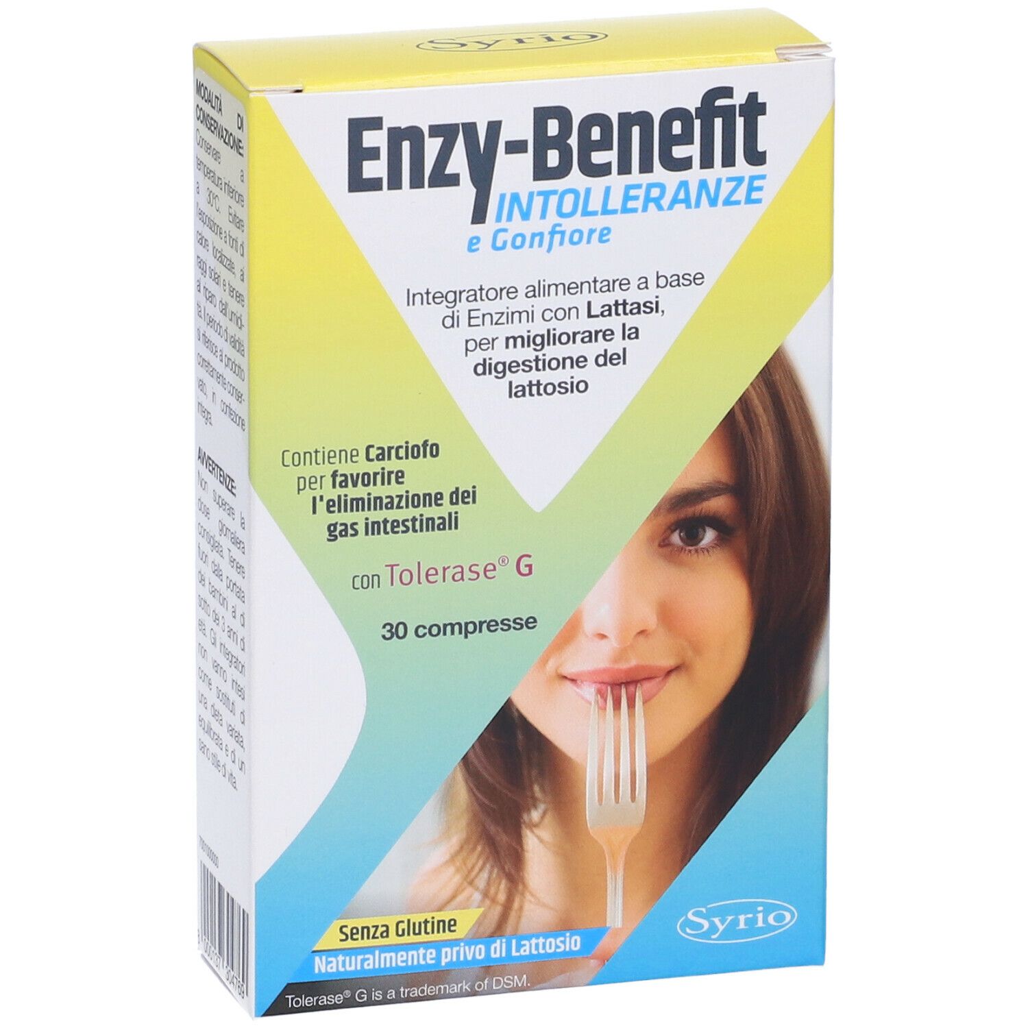 Scatola di Syrio Enzy-benefit Intolleranze E Gonfiore. Contiene 30 compresse. Scritto: Senza glutine, naturalmente privo di lattosio.