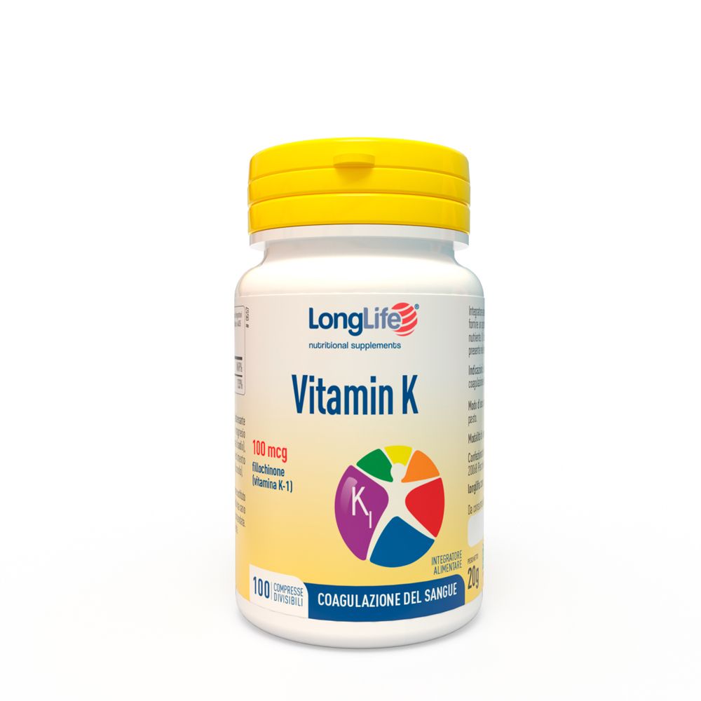 Weiße Flasche mit gelbem Deckel. Aufschrift: LongLife Vitamin K. Enthält 100 mcg Vitamin K-1. 100 Tabletten.