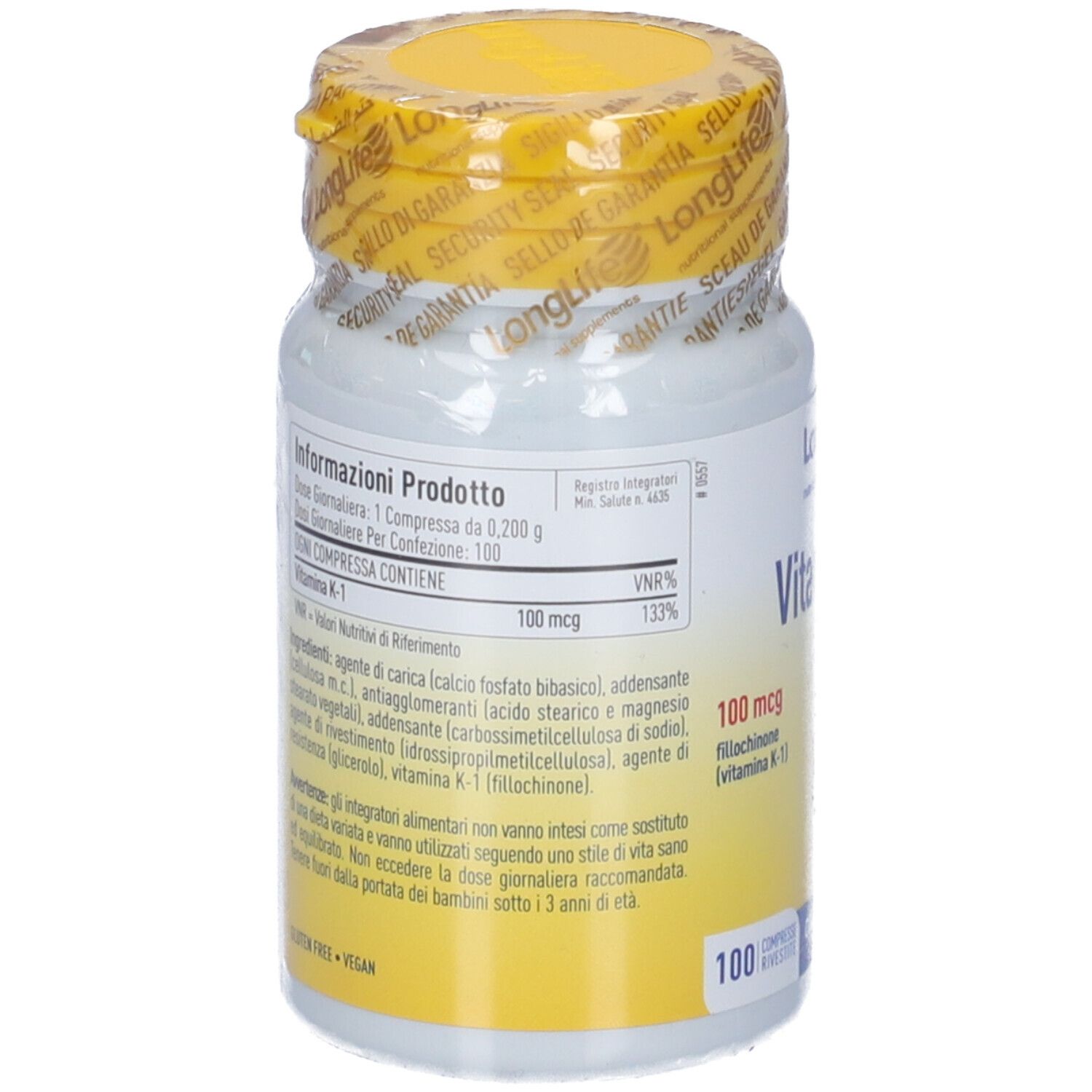Weiße Flasche mit gelbem Deckel, versiegelt. Rückseite mit Produktinformationen. Enthält 100 mcg Vitamin K-1. 100 Tabletten.
