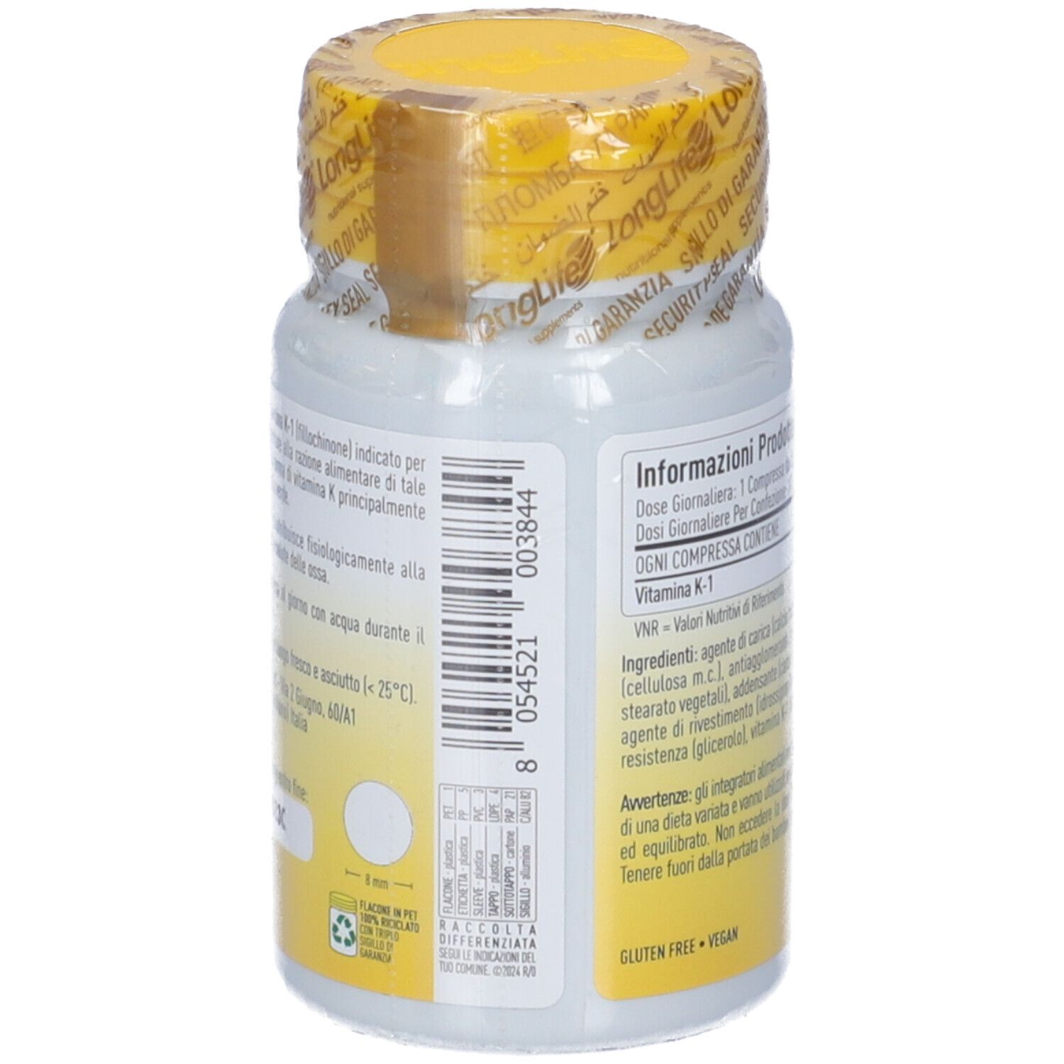 Weiße Flasche mit gelbem Deckel, versiegelt. Rückseite mit Produktinformationen. Enthält 100 mcg Vitamin K-1. 100 Tabletten.