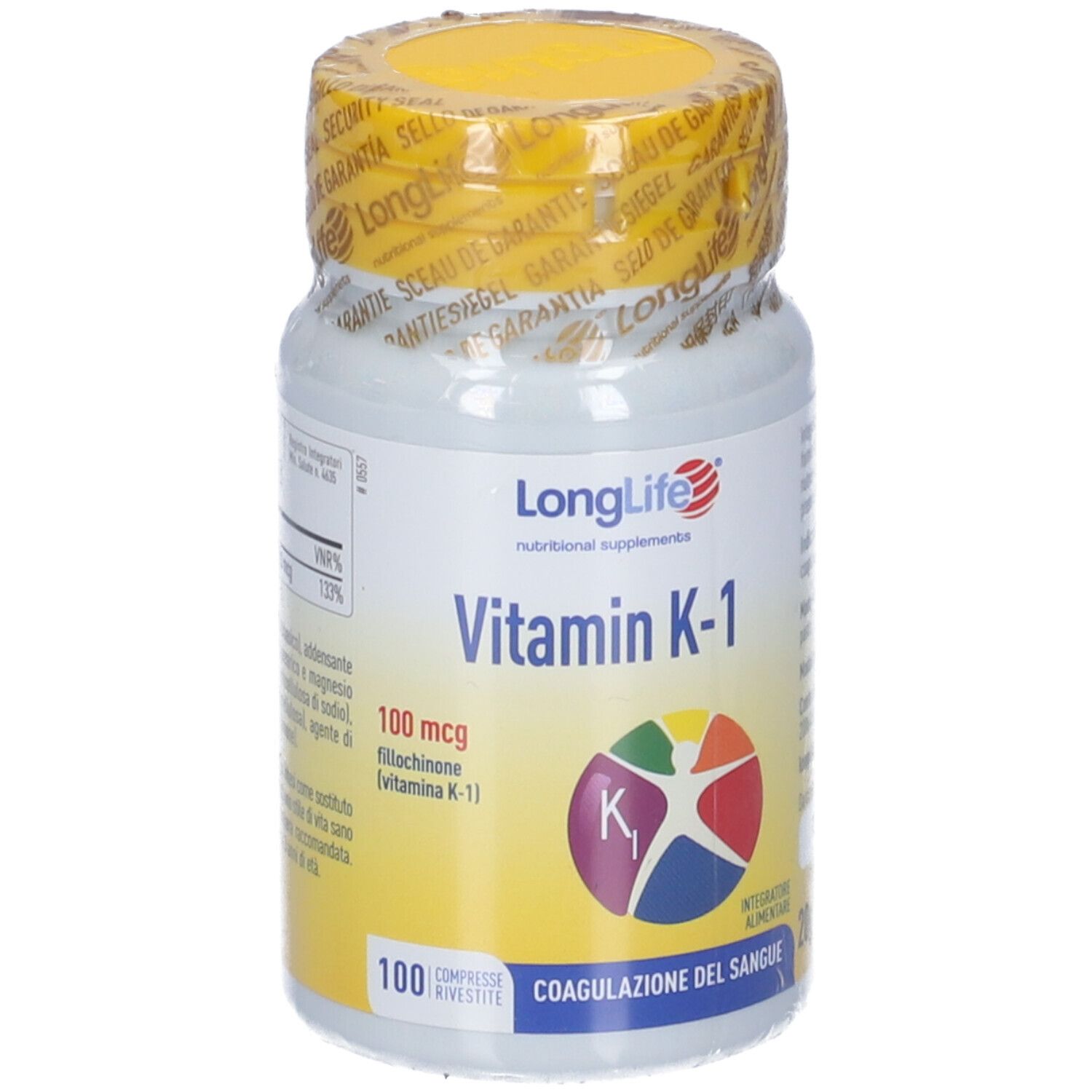 Weiße Flasche mit gelbem Deckel, versiegelt. Aufschrift: LongLife Vitamin K-1. Enthält 100 mcg. 100 Tabletten.