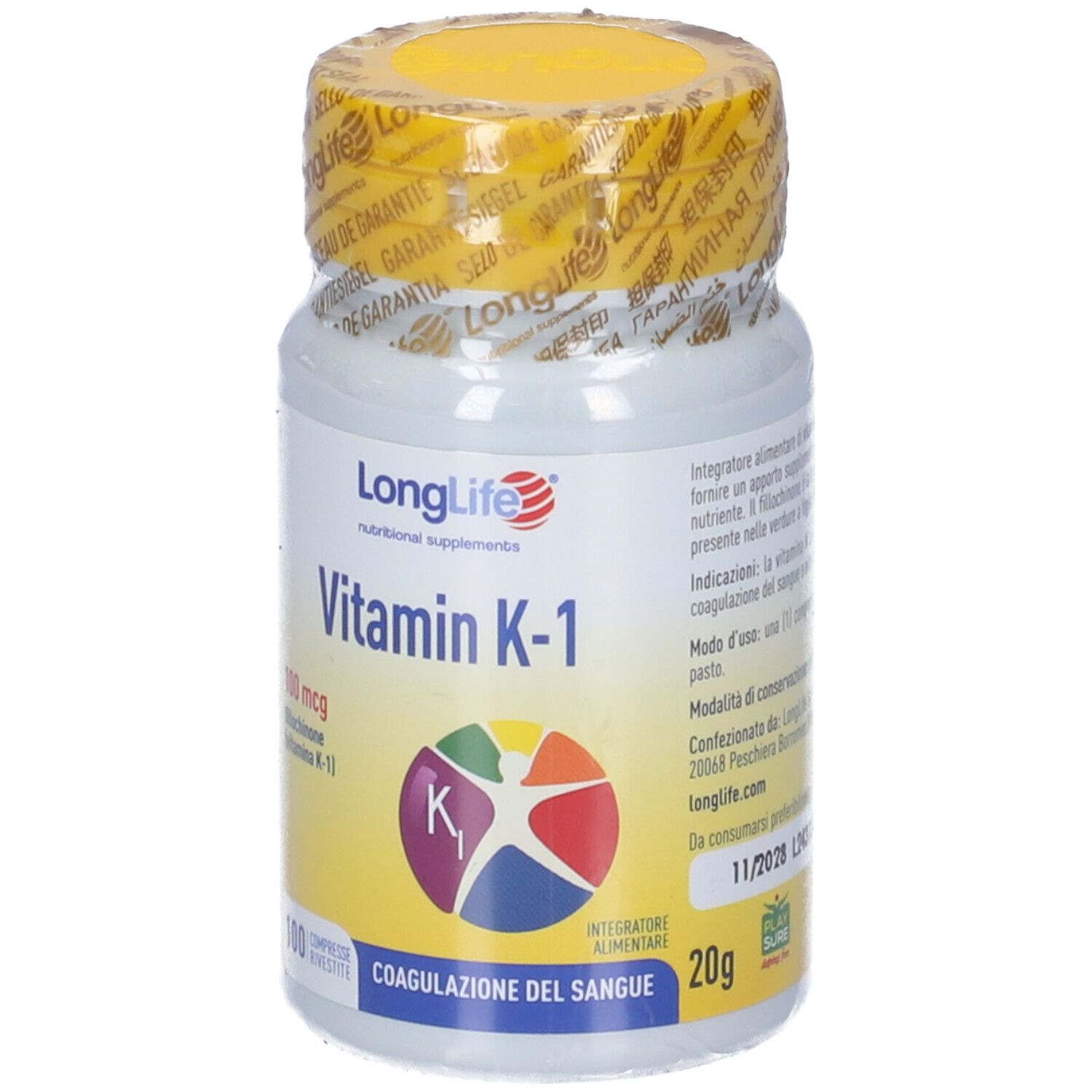 Weiße Flasche mit gelbem Deckel, versiegelt. Aufschrift: LongLife Vitamin K-1. Enthält 100 mcg. 100 Tabletten.