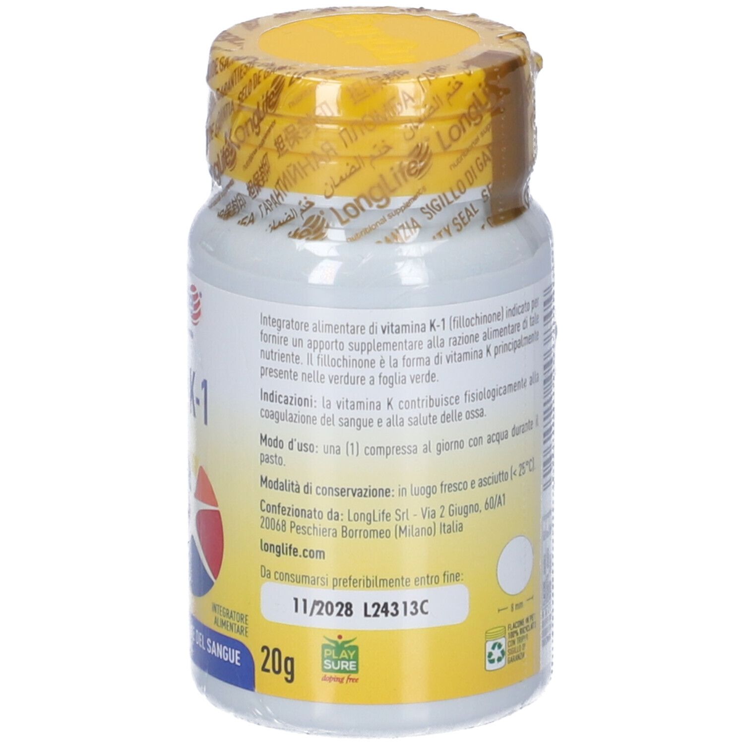 Weiße Flasche mit gelbem Deckel, versiegelt. Aufschrift: LongLife Vitamin K-1. Enthält 100 mcg. 100 Tabletten.
