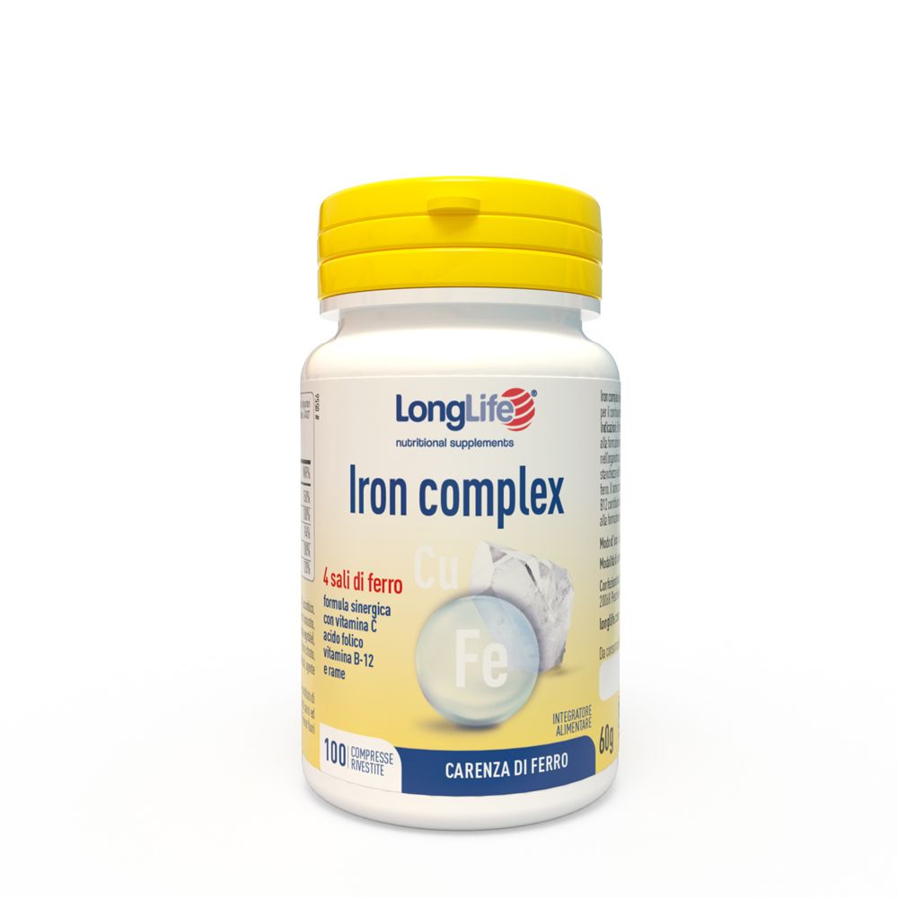 Flacone bianco, tappo giallo. Scritta: LongLife Iron complex. Contiene 100 compresse. Per carenza di ferro.
