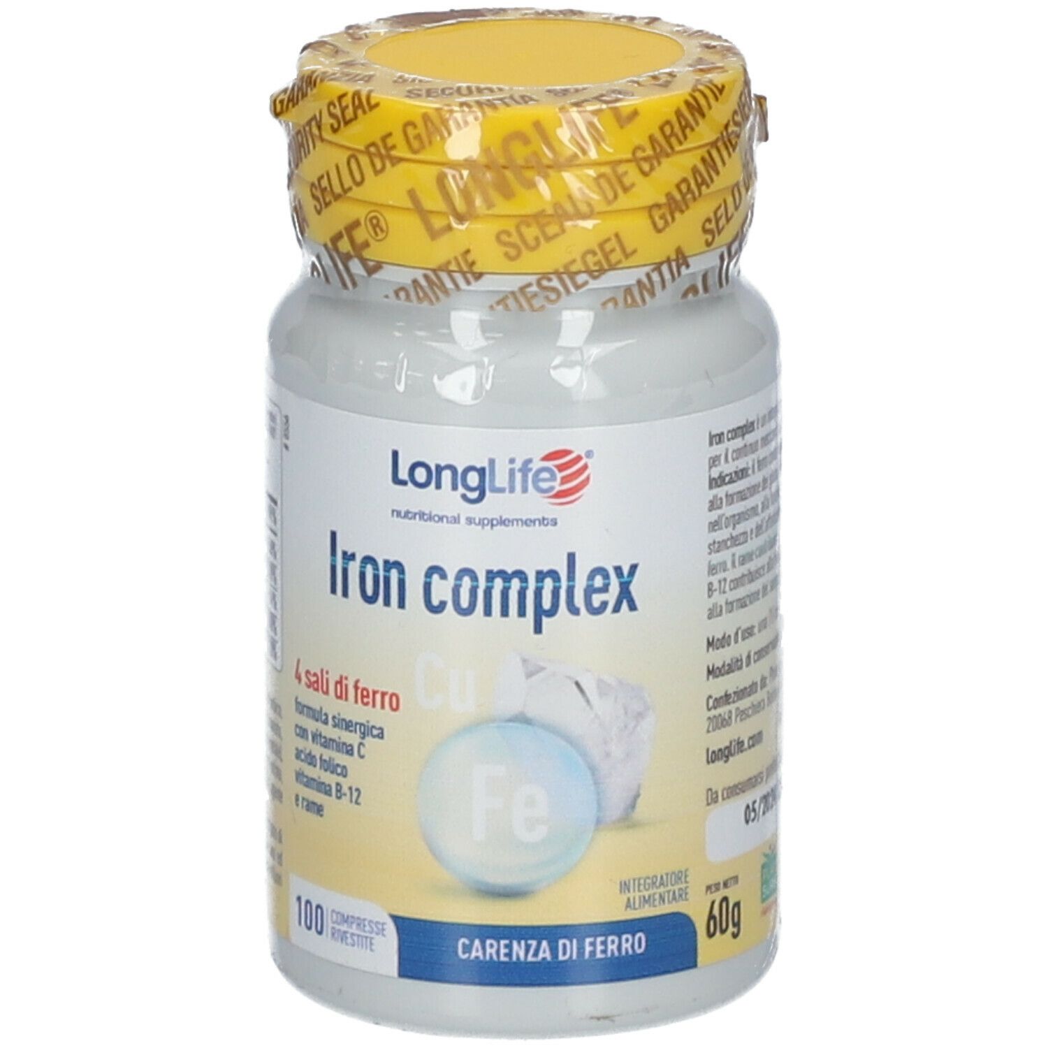 Flacone bianco, tappo giallo e sigillo. Scritta: LongLife Iron complex. Contiene 100 compresse. Per carenza di ferro.