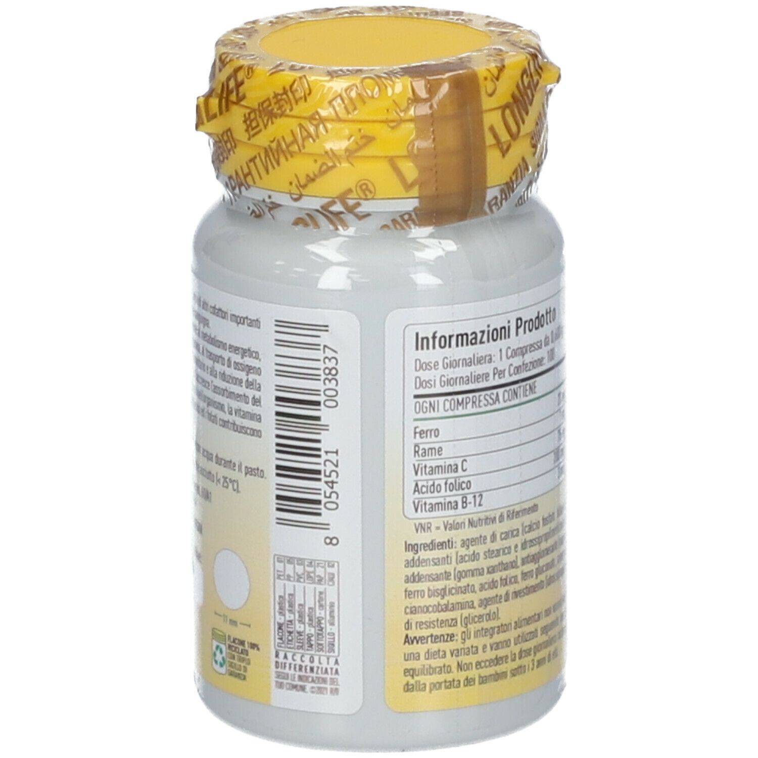 Flacone bianco, tappo giallo e sigillo. Scritta: LongLife Iron complex. Contiene 100 compresse. Elenco ingredienti.