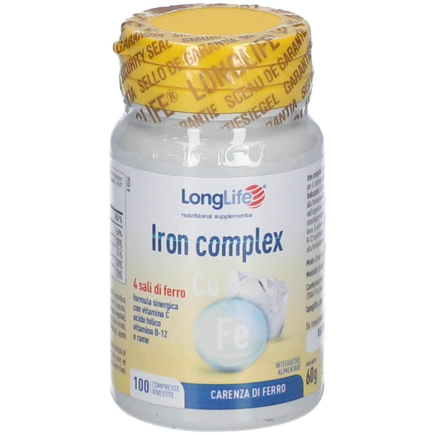 Flacone bianco, tappo giallo e sigillo. Scritta: LongLife Iron complex. Contiene 100 compresse. Per carenza di ferro.