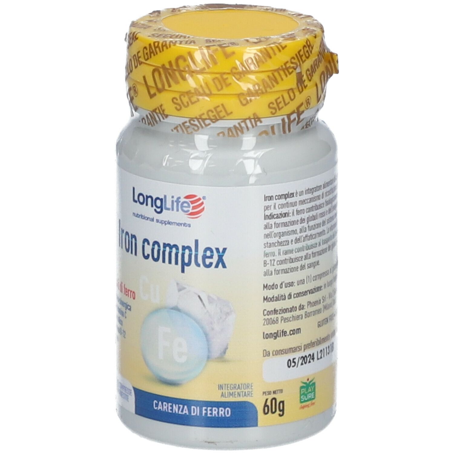 Flacone bianco, tappo giallo e sigillo. Scritta: LongLife Iron complex. Contiene 100 compresse. 60g.