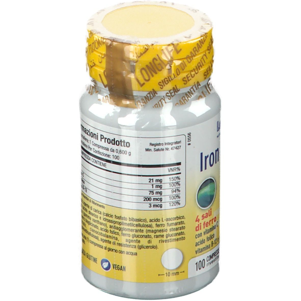 Flacone bianco, tappo giallo e sigillo. Scritta: LongLife Iron complex. Contiene 100 compresse. Vegano.